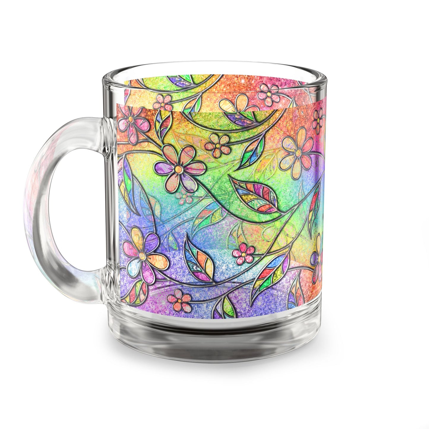 Rainbow Floral Pattern Glass Mug 10oz Colorful Flower Design