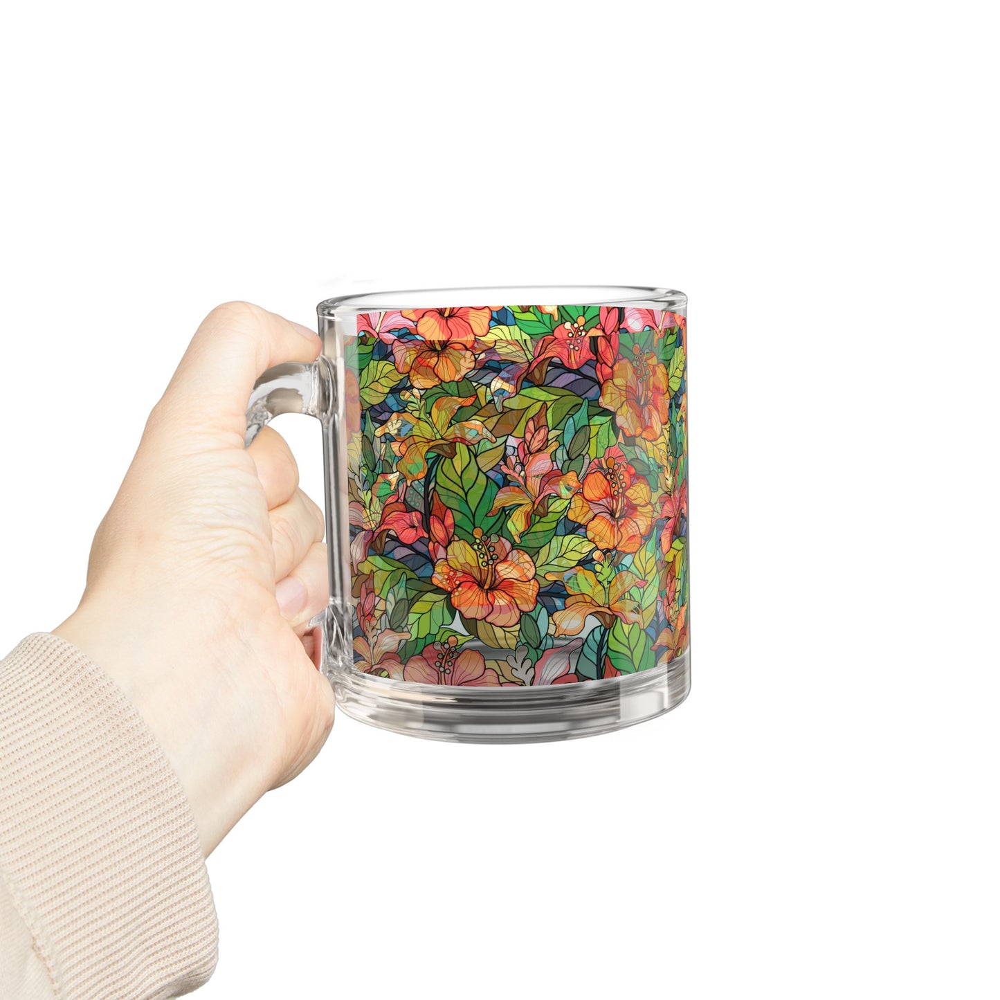 Multicolor Hibiscus Floral Print Stained Glass Mug, 10oz Glass Mug