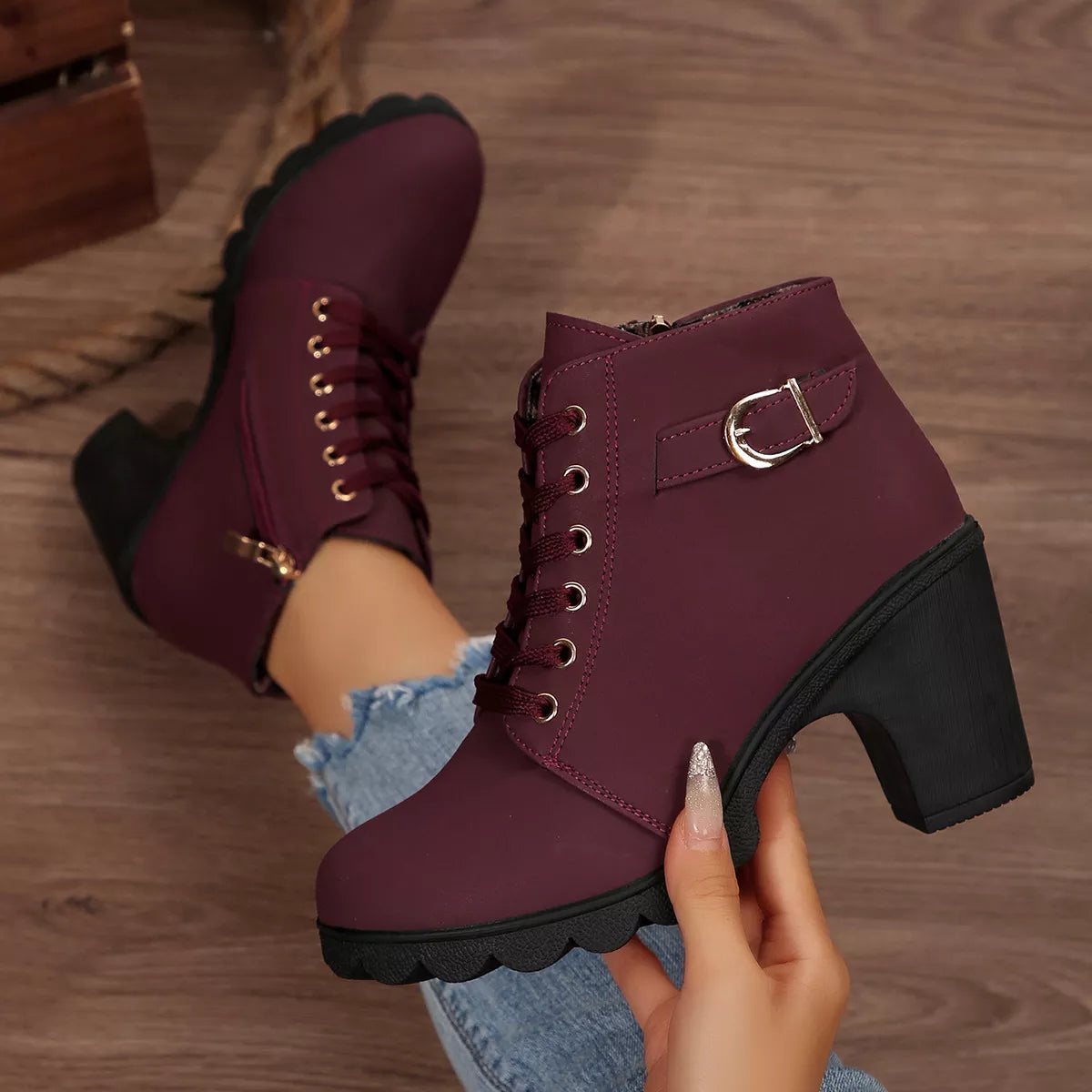 Lace Up Block Heels Boots
