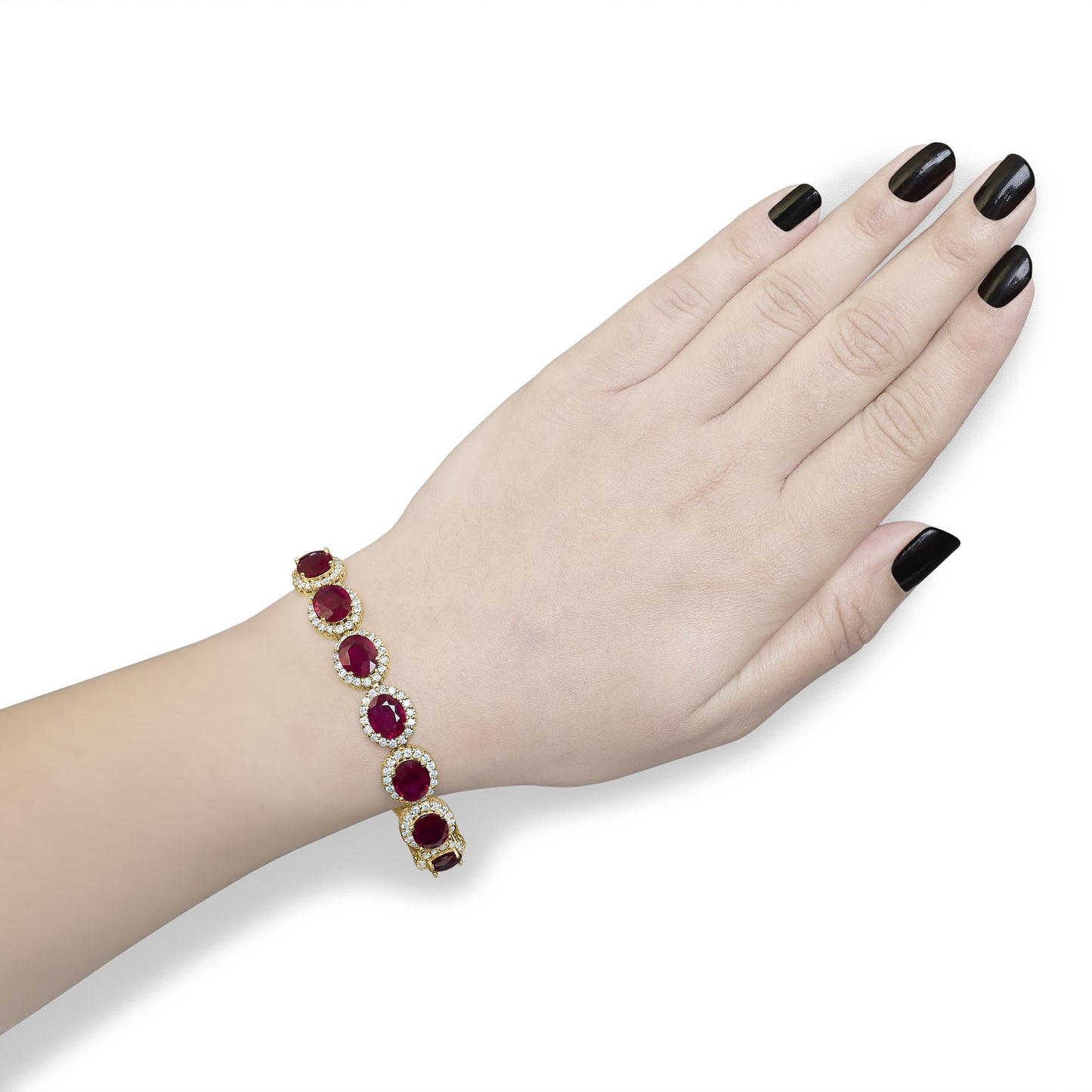 14K Yellow Gold 6 2/5 Cttw Diamond and 34.0 Cttw Oval Red Ruby Halo Link Bracelet (I-J Color, SI1-SI2 Clarity) - 7.25" Inches-2