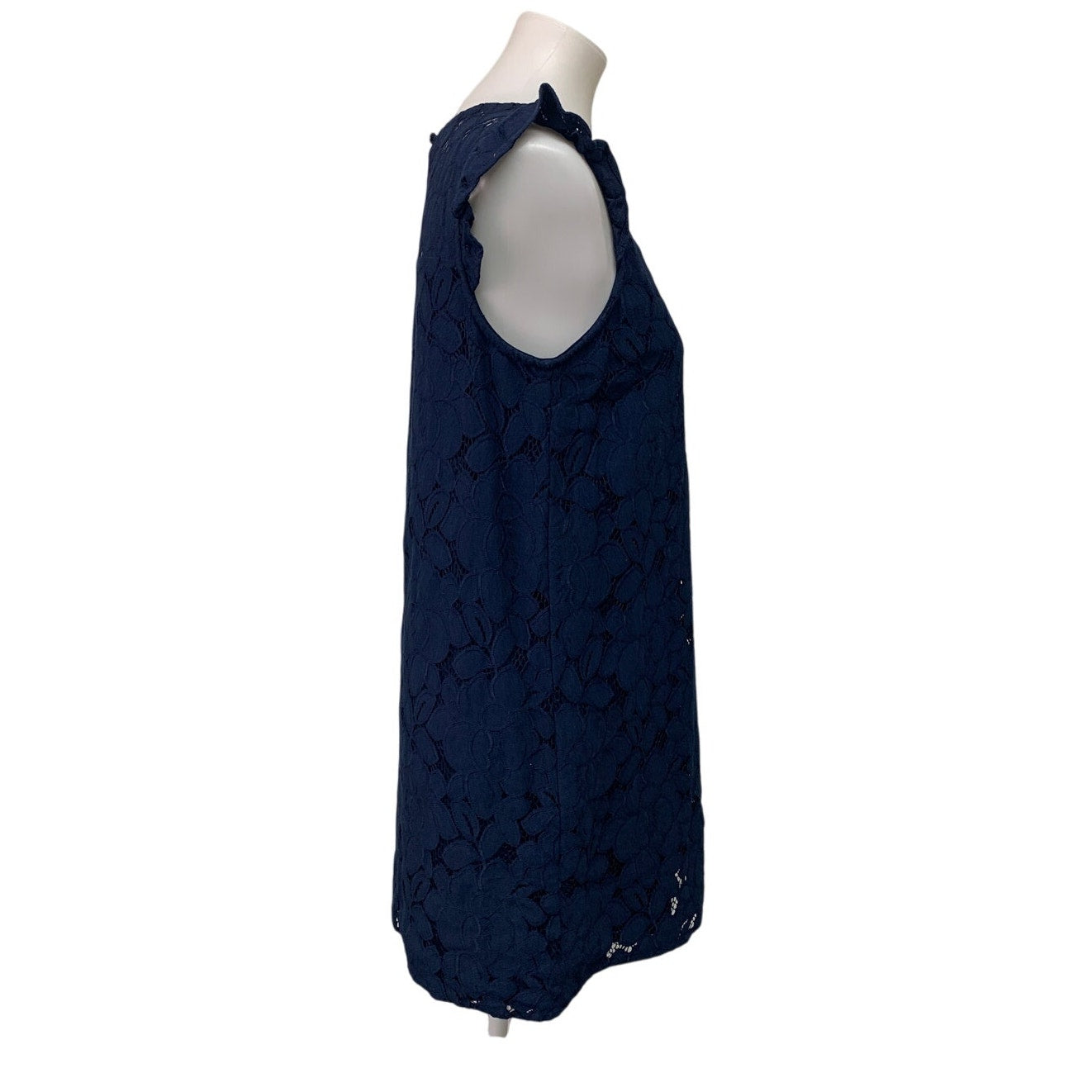 Monteau Womens Medium Navy Blue Floral Ruffled Sleeveless Lace Sheath Dress