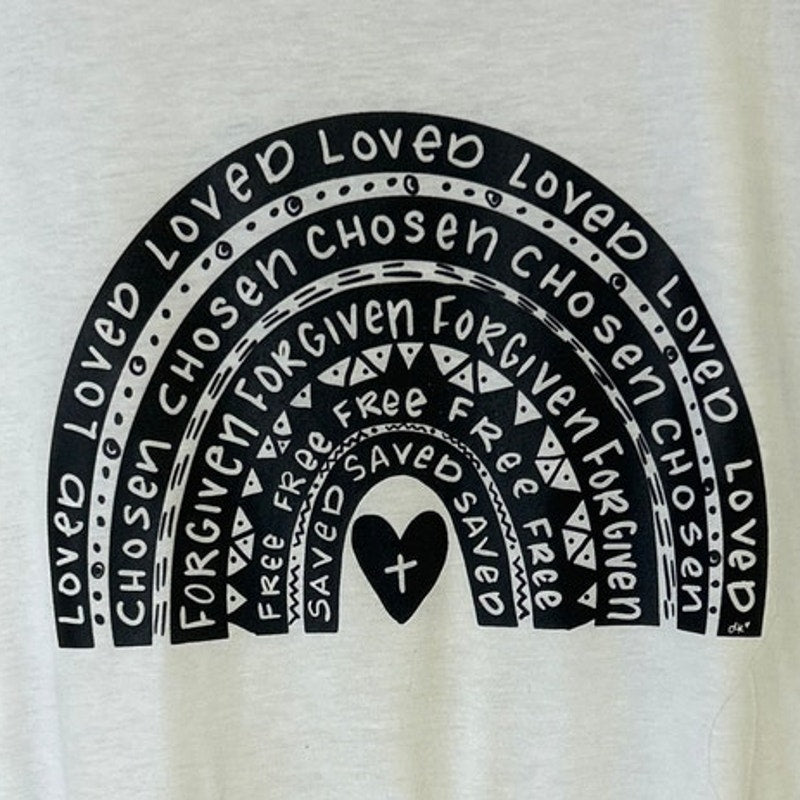 New Hand Printed Womens XL Jesus Loved Chosen Forgiven Free Rainbow Tee Shirt