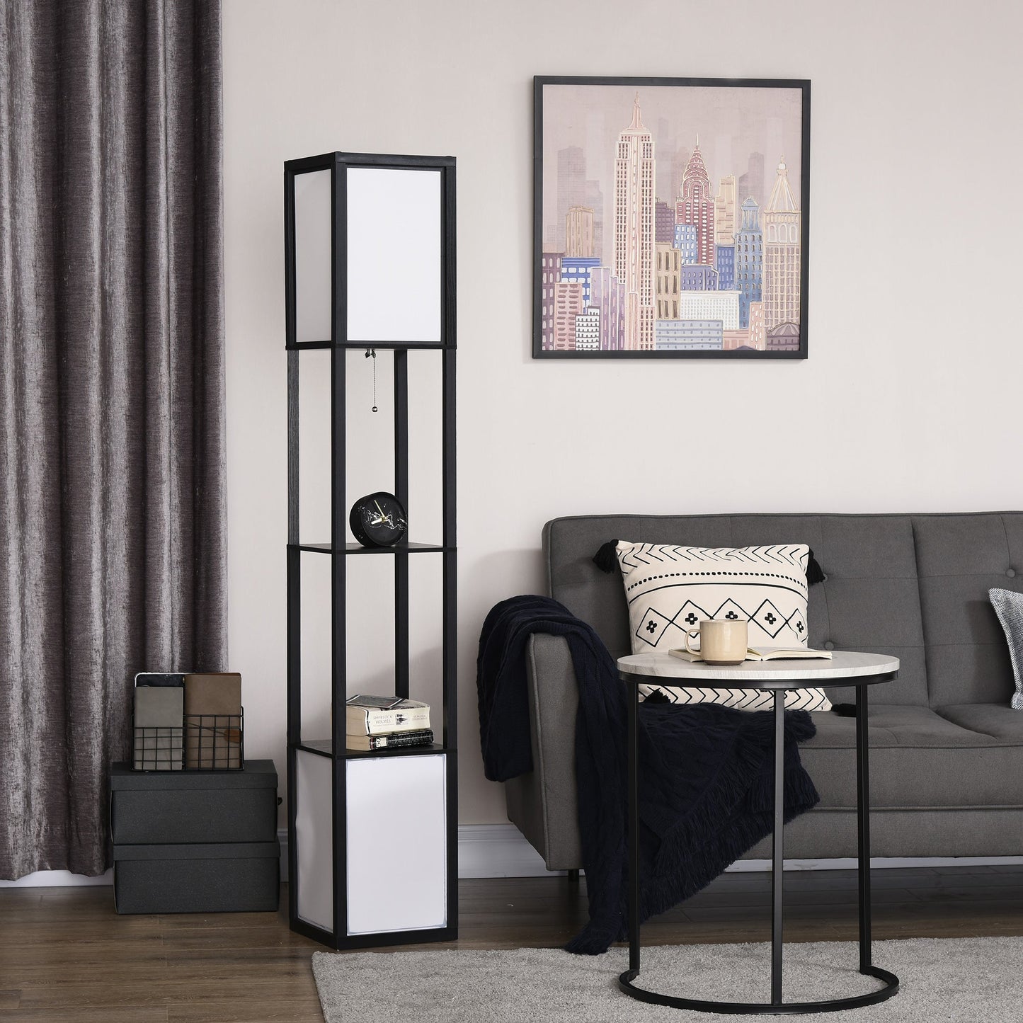 Boho Shelf Floor Lamp with Dual Fabric Shades & Built-In Storage Shelves