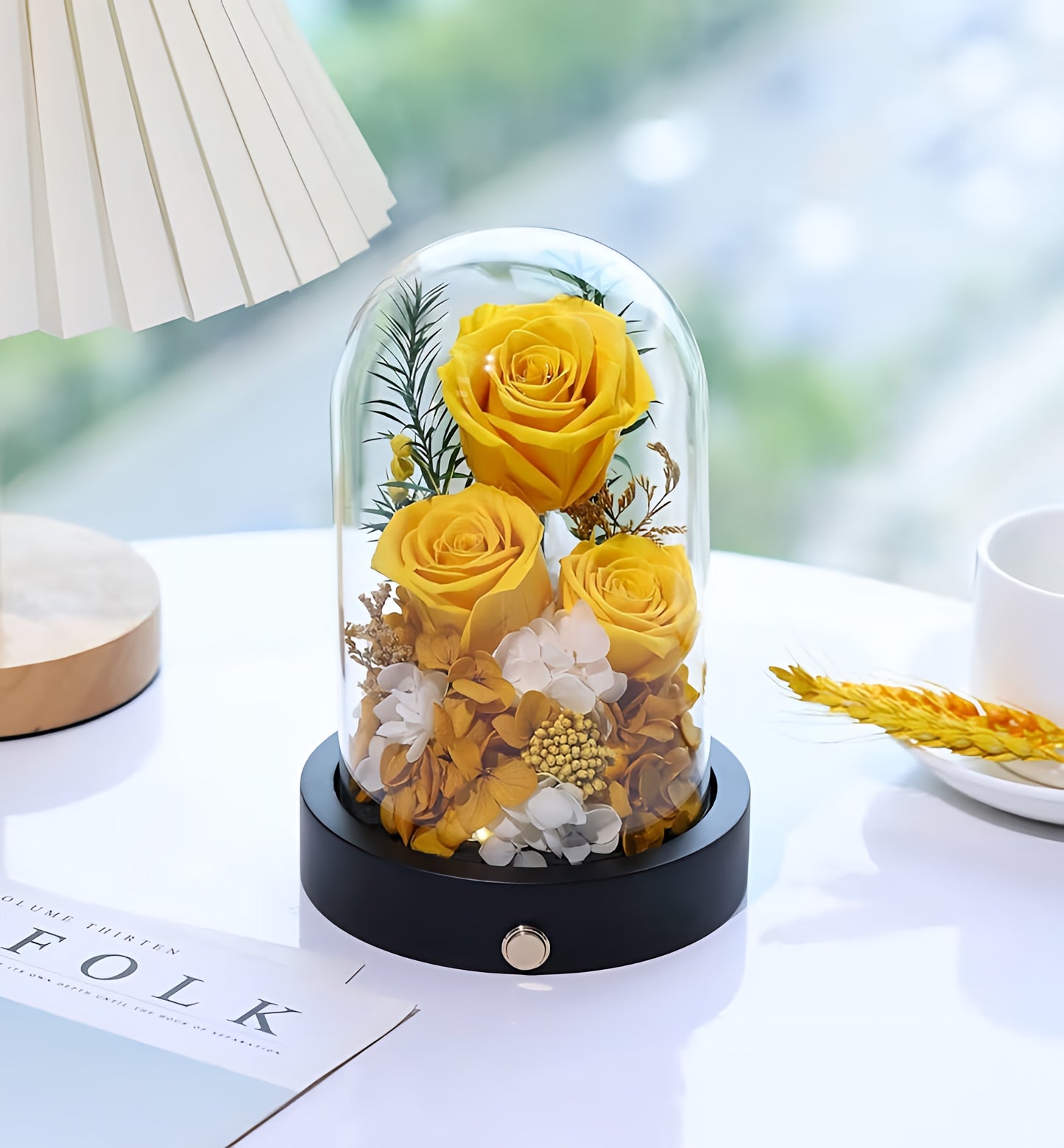 100% Real Preserved Flowers in Glass Dome with LED, Red Roses for Delivery