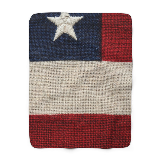 American Flag Burlap Texture Print Sherpa Blanket Patriotic Stars Stripes Throw