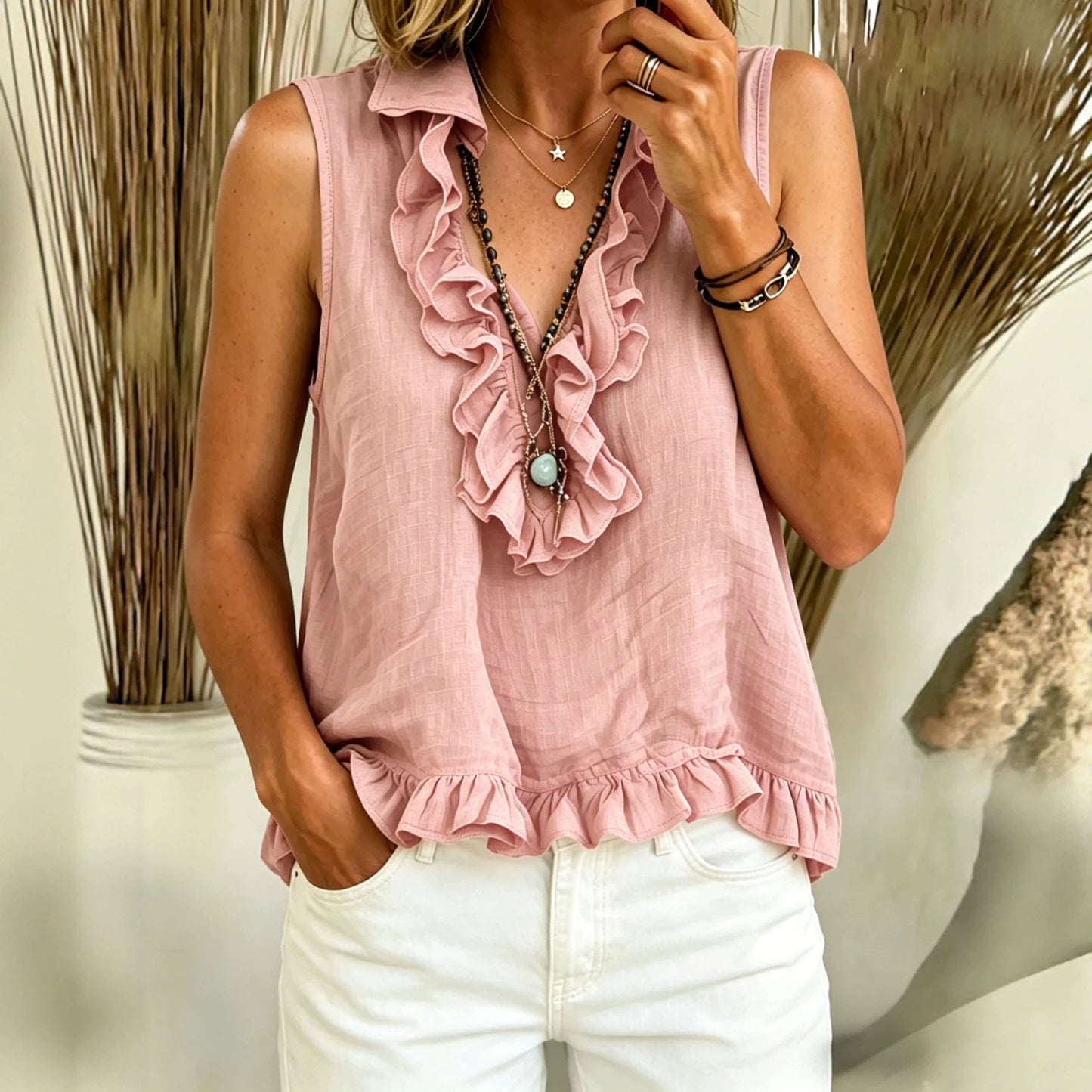 Fashionable V-neck Ruffled Sleeveless Tank Top