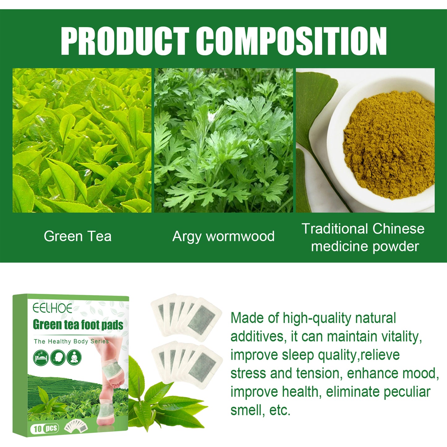 Green Tea Foot Patch, Improves Sleep Quality And Relieves Muscle Tension And Body Stress Foot Care Patch