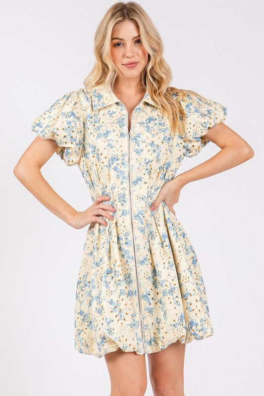 New Summer Floral Eyelet Zipper Front Puff Sleeve Mini Dress For Women – Elegant, Trendy and Chic Floral Eyelet Mini Dress with Puff Sleeves