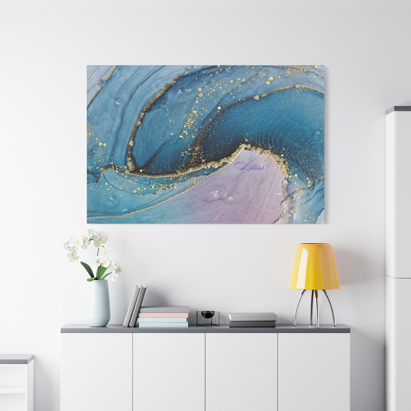 Canvas Wall Art, Abstract Ocean Wave, Modern Decor, Home Office, Gift for Her, Blue Gold Artwork, Living Room Wall Decor