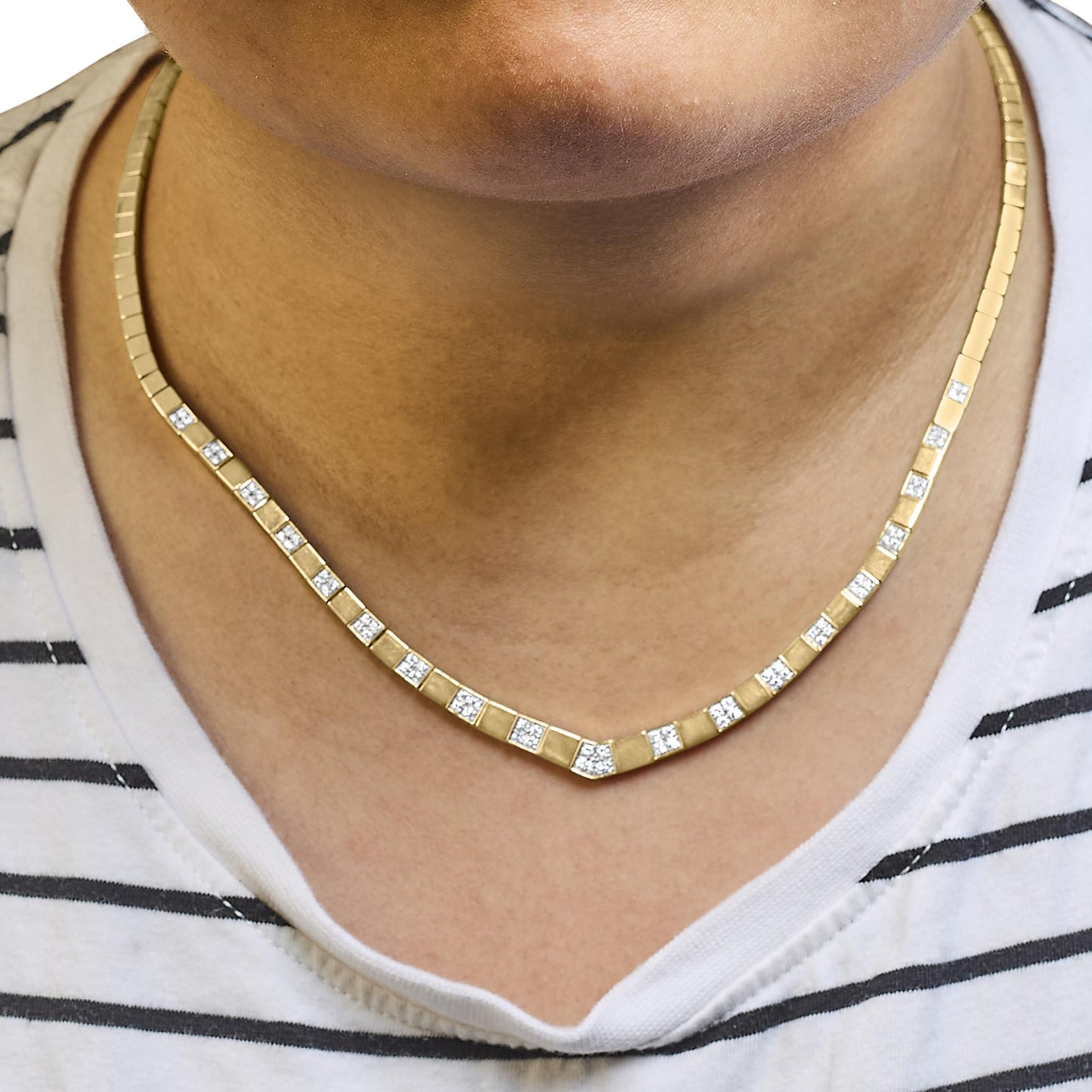 14K Yellow Gold 4/5 Cttw Diamond Cluster and Bar Set Link 3.5 MM Chain Necklace (G-H Color, VS1-VS2 Clarity) - 16" Inches-2