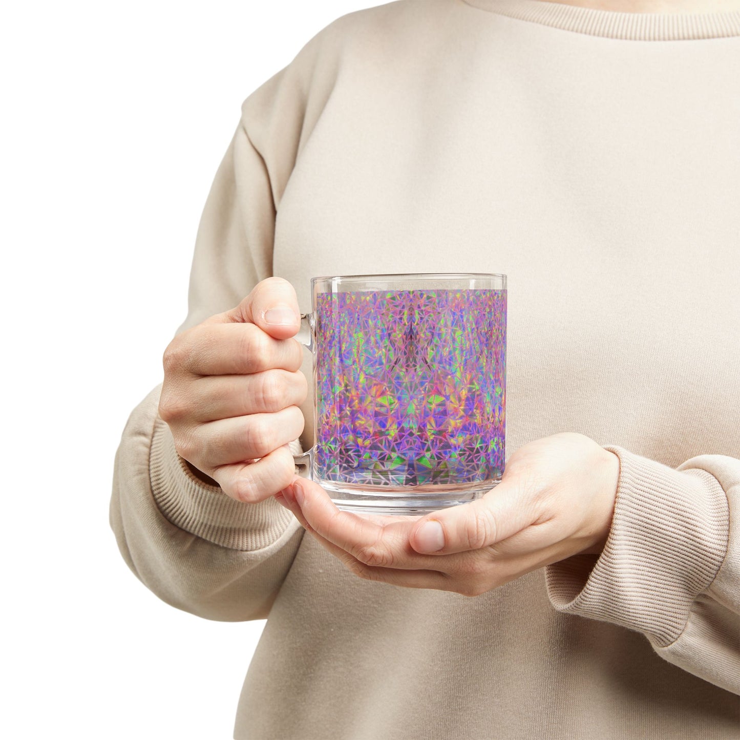 Holographic Geometric Prism Print Stained on Glass Mug Iridescent Kaleidoscope 10oz