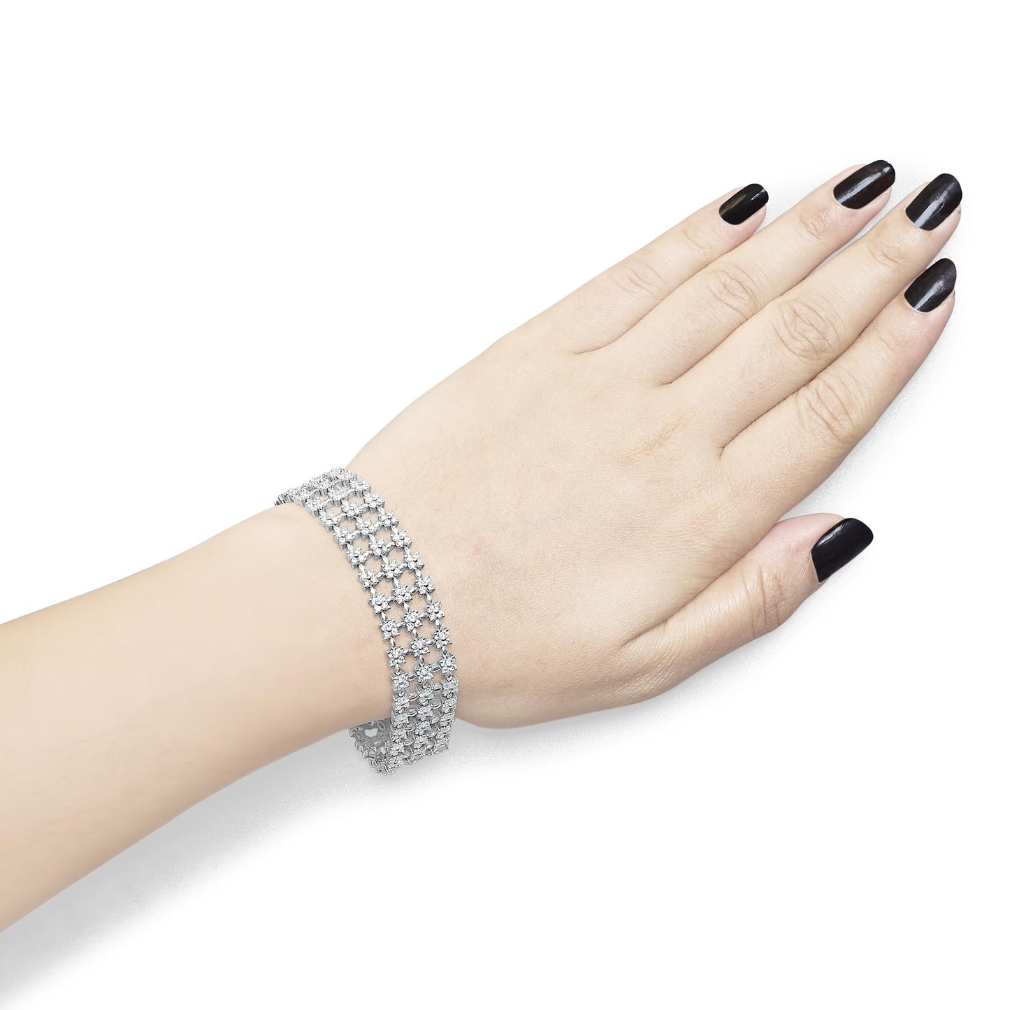 18K White Gold 7 1/2 Cttw Diamond 3 Row Floral Link Bracelet (G-H Color, VS1-VS2 Clarity) - 7 " Inches-2