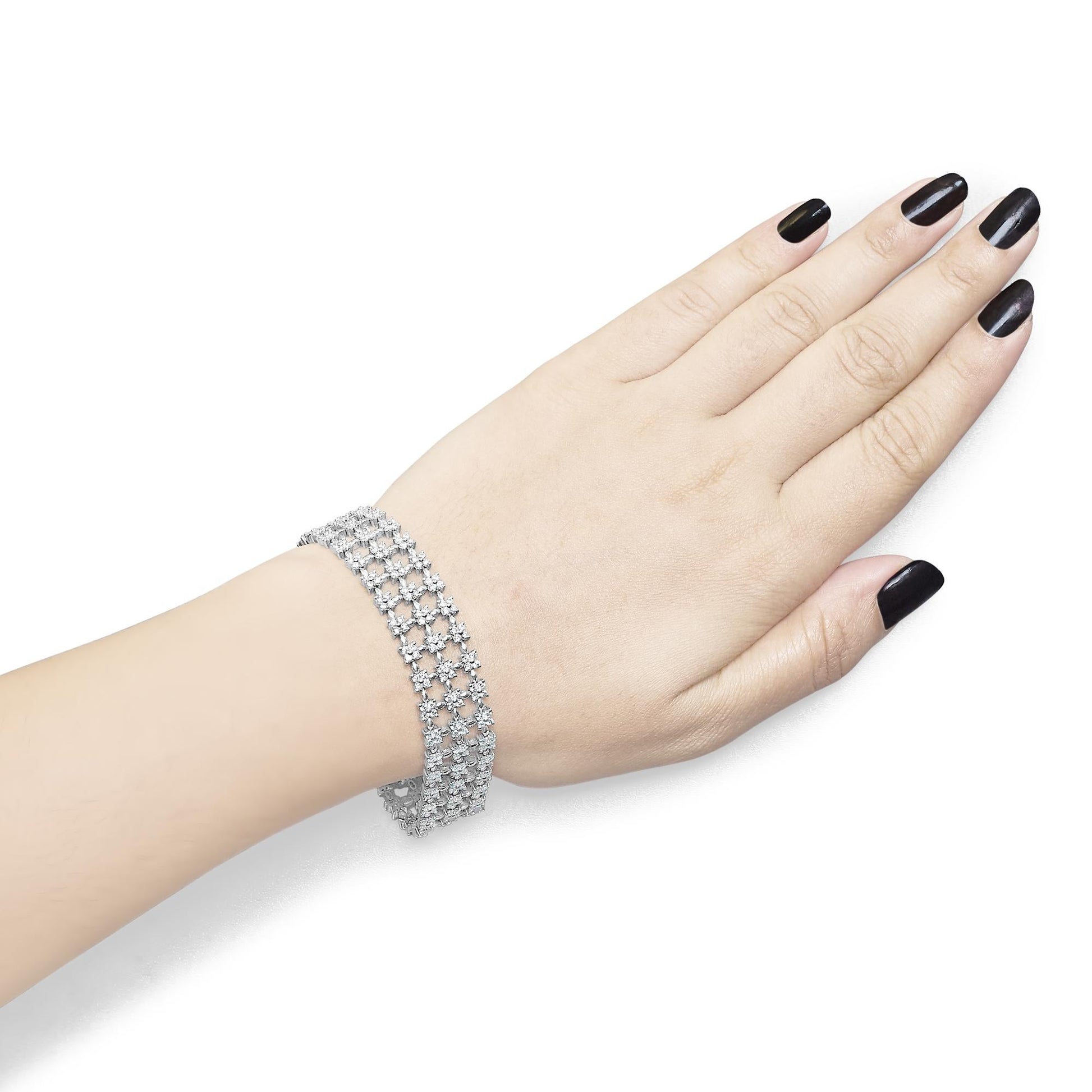 18K White Gold 7 1/2 Cttw Diamond 3 Row Floral Link Bracelet (G-H Color, VS1-VS2 Clarity) - 7 " Inches-2