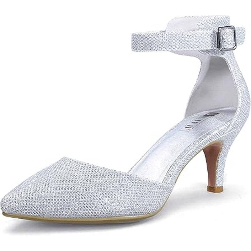 Idifu Womens 8 Silver Glitter 3" Kitten Heel Pointed Close Toe Ankle Strap Shoes