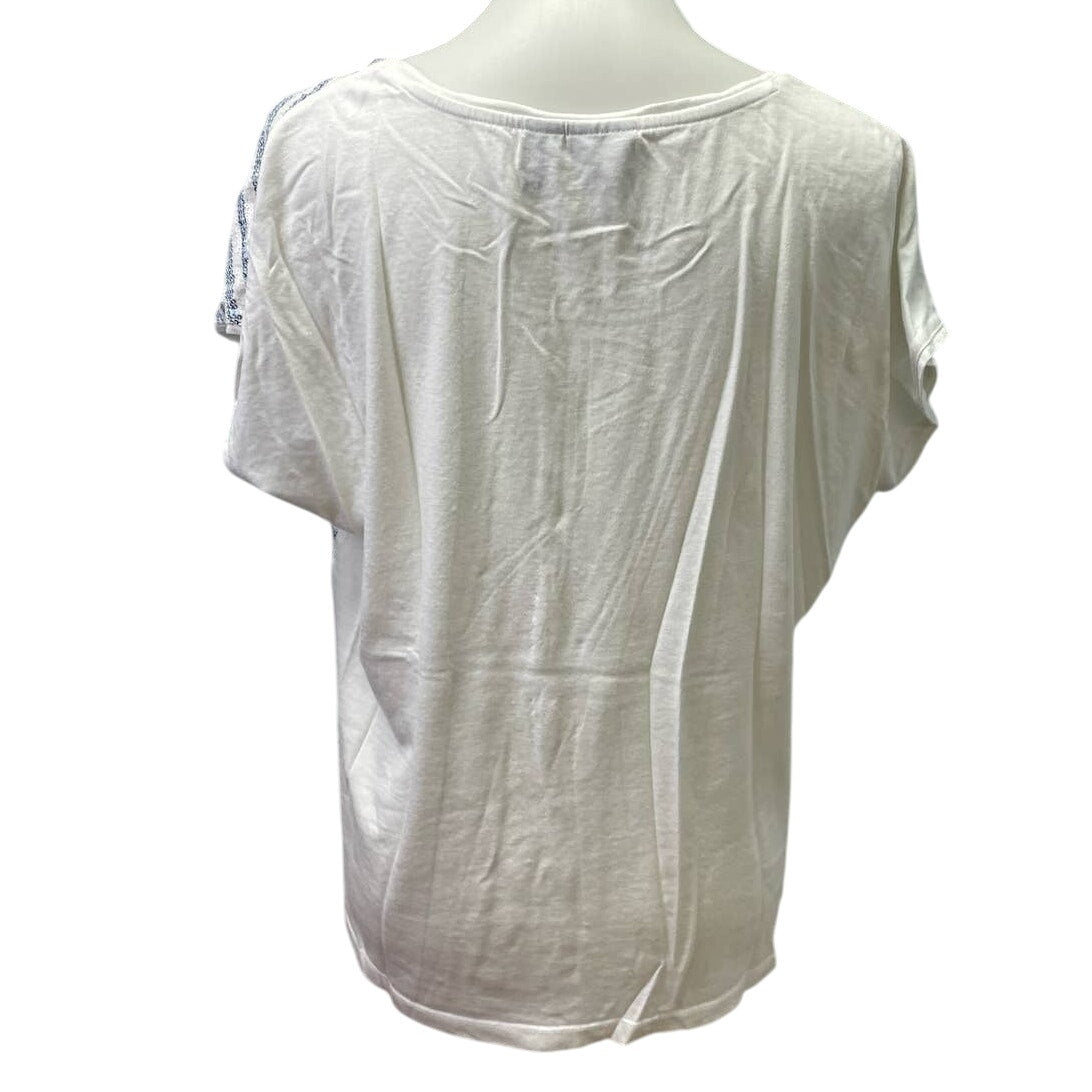 Chico's Size 2 Large Short Sleeve Sequin Striped Scoop Neck Cotton Blend Tee Top