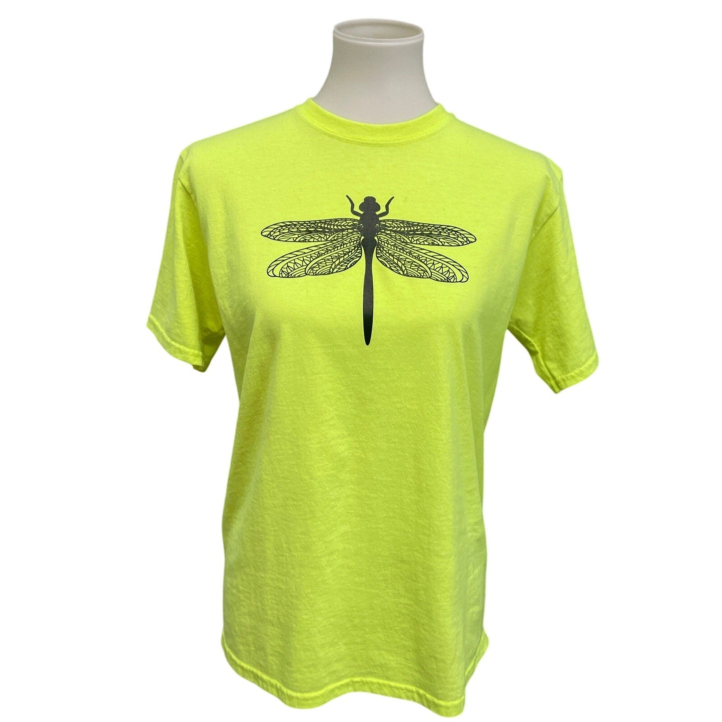 Hand Printed Upcycled Kids XXL Dragonfly Neon Yellow Short Sleeve Tee Shirt