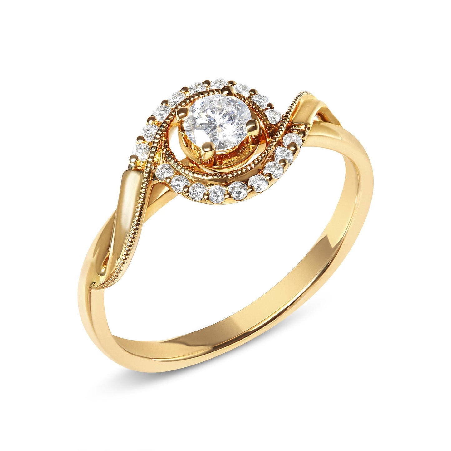 14K Yellow Gold 1/3 Cttw Diamond Solitaire and Halo Swirl Engagement Ring (G-H Color, VS2-SI1 Clarity)- Size 7-3
