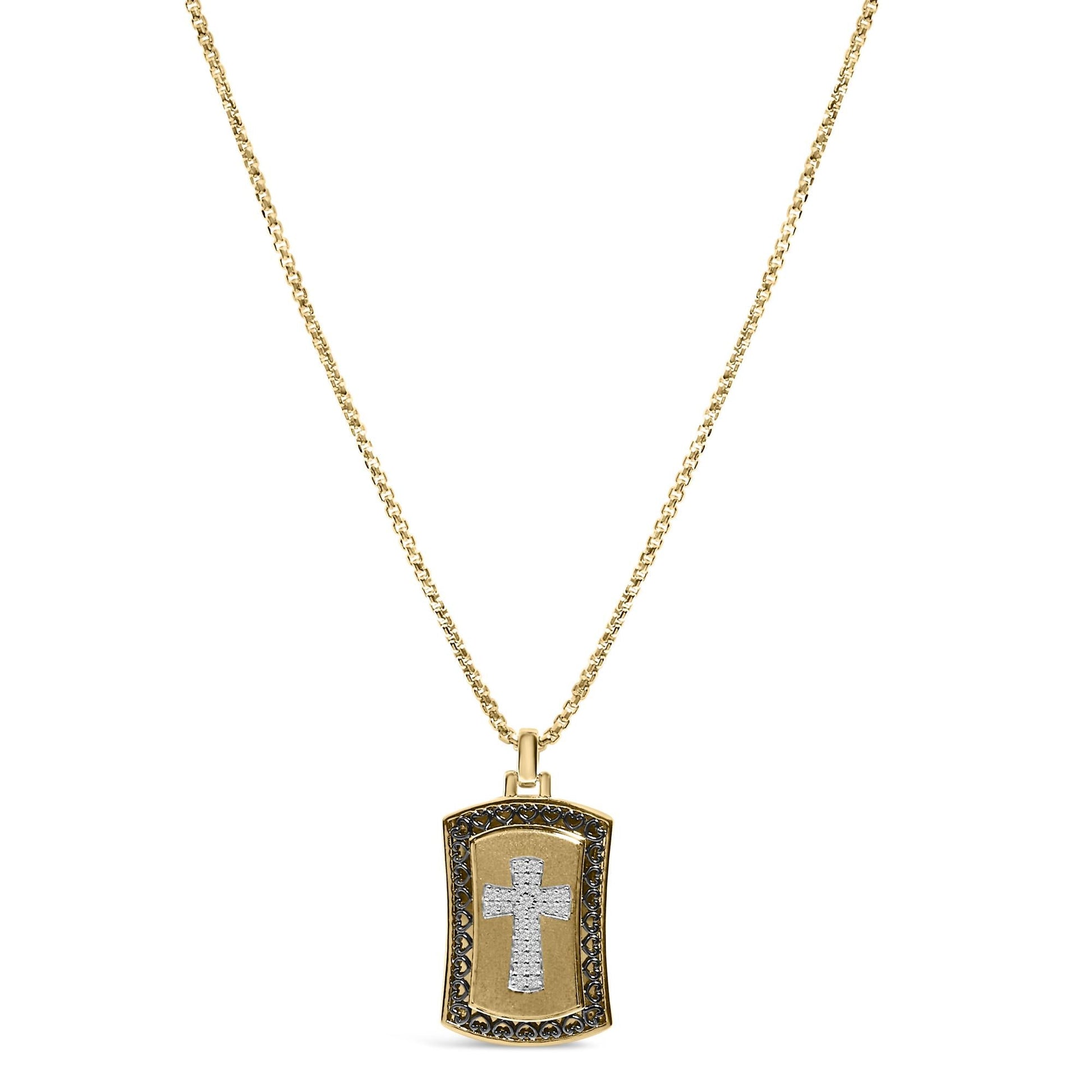 14K Yellow Gold Plated Sterling Silver 1/4 Cttw Diamond Cross Dog Tag Pendant Necklace-0