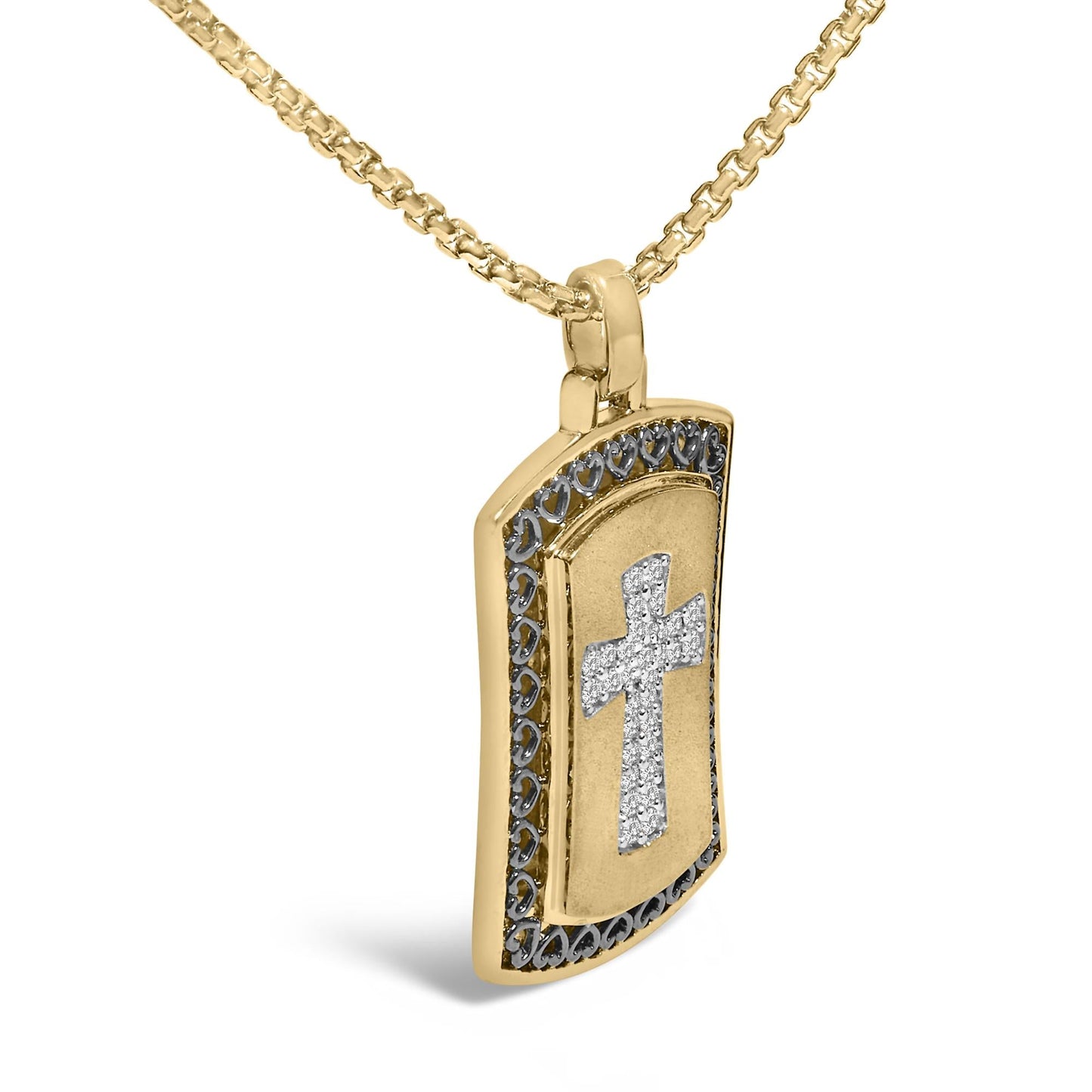 14K Yellow Gold Plated Sterling Silver 1/4 Cttw Diamond Cross Dog Tag Pendant Necklace-3