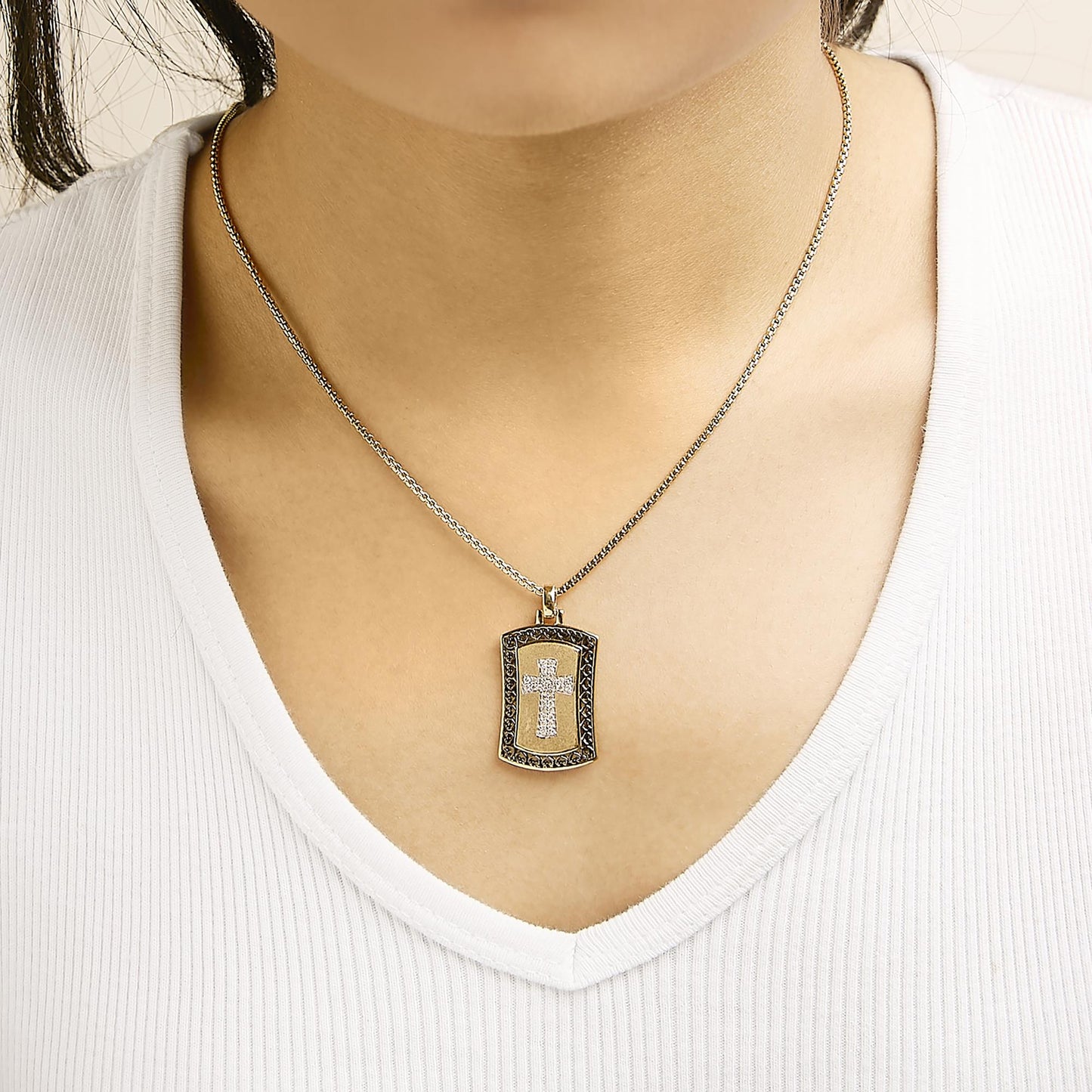 14K Yellow Gold Plated Sterling Silver 1/4 Cttw Diamond Cross Dog Tag Pendant Necklace-2