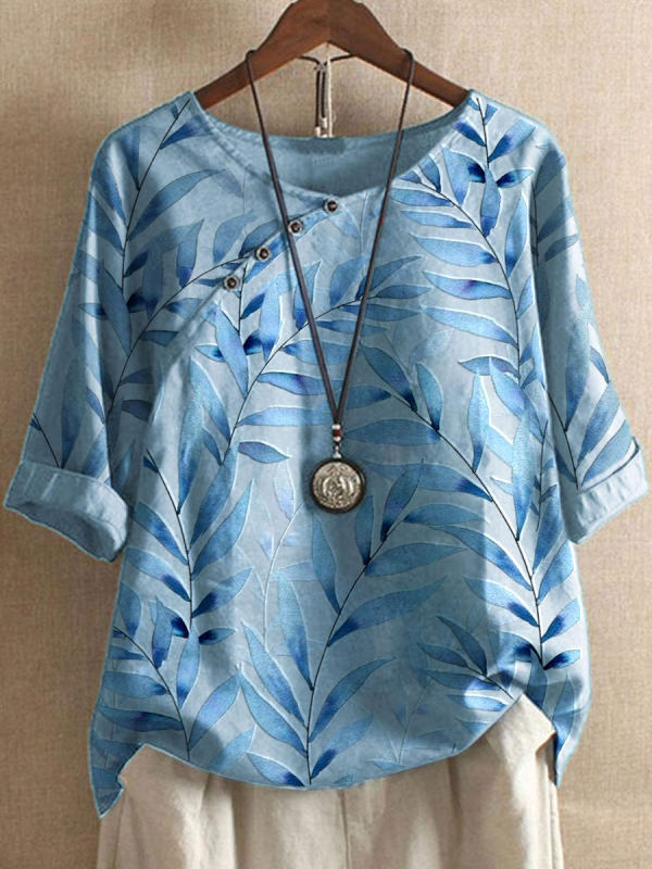 Long Sleeve Round Neck Pullover Three Quarter Sleeve Womens Printed T Shirt