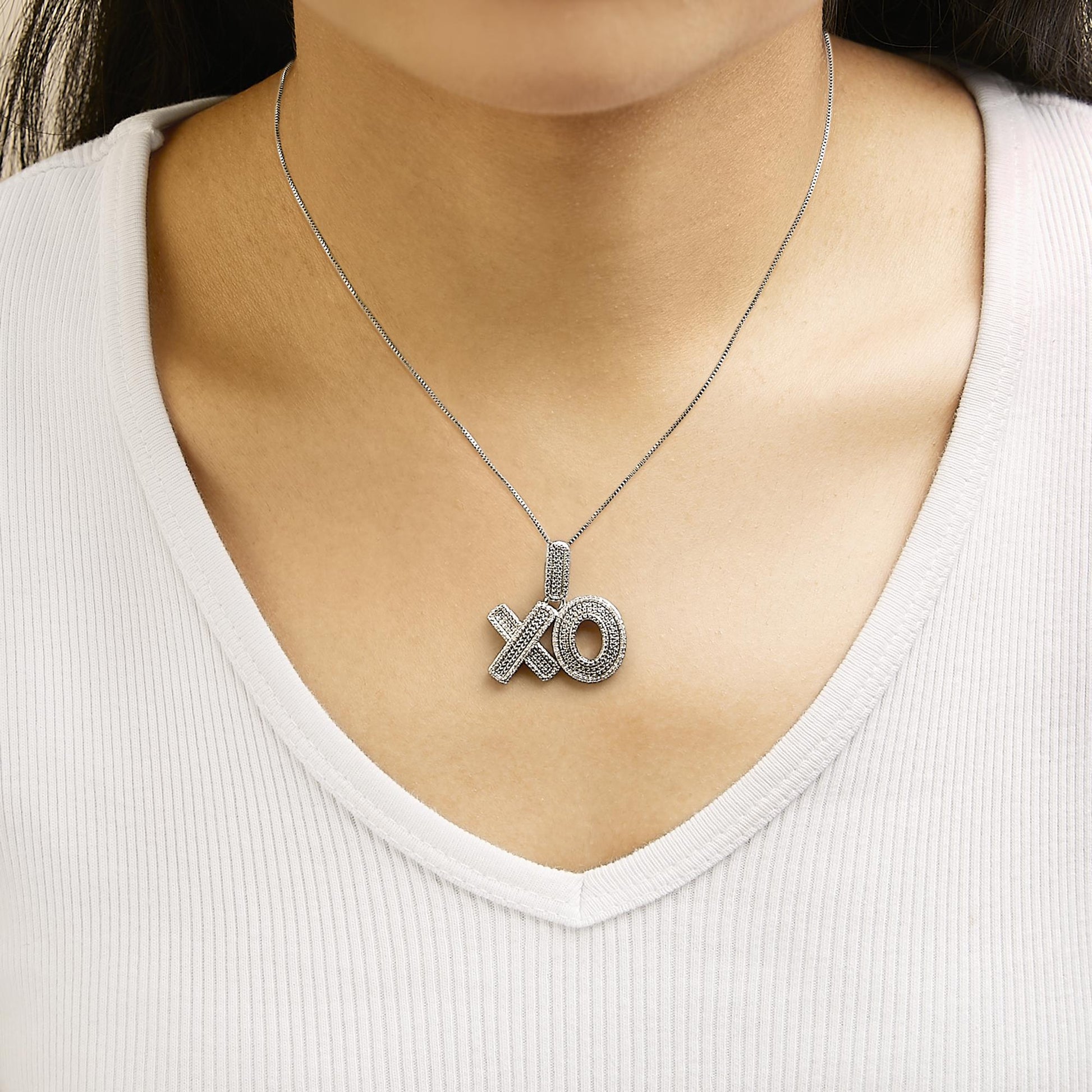 Sterling Silver 1/4 Cttw Diamond Pavé XO Pendant Necklace-2