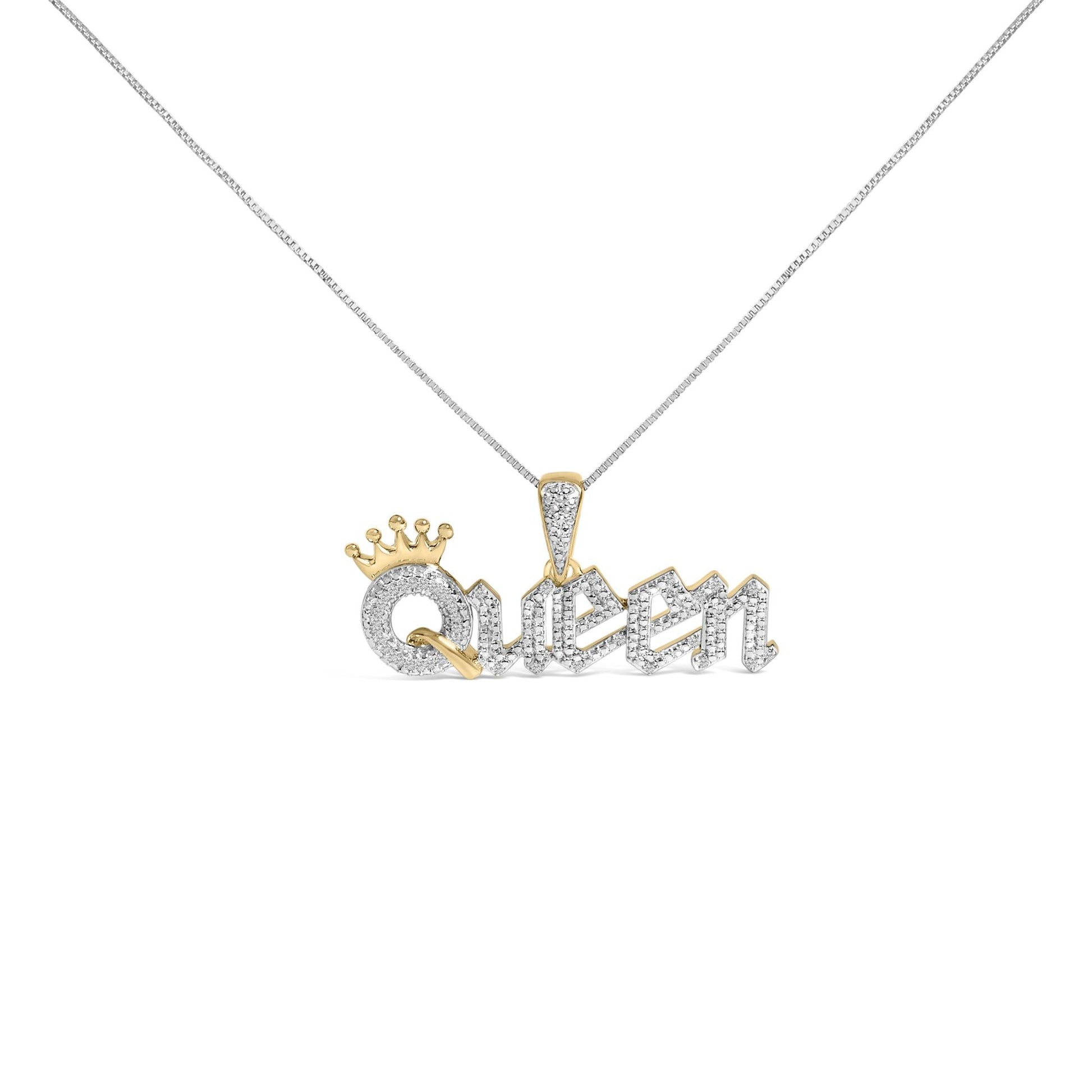 14K Yellow Gold Plated Sterling Silver 1/10 Cttw Diamond “Queen” Nameplate Pendant Necklace-0