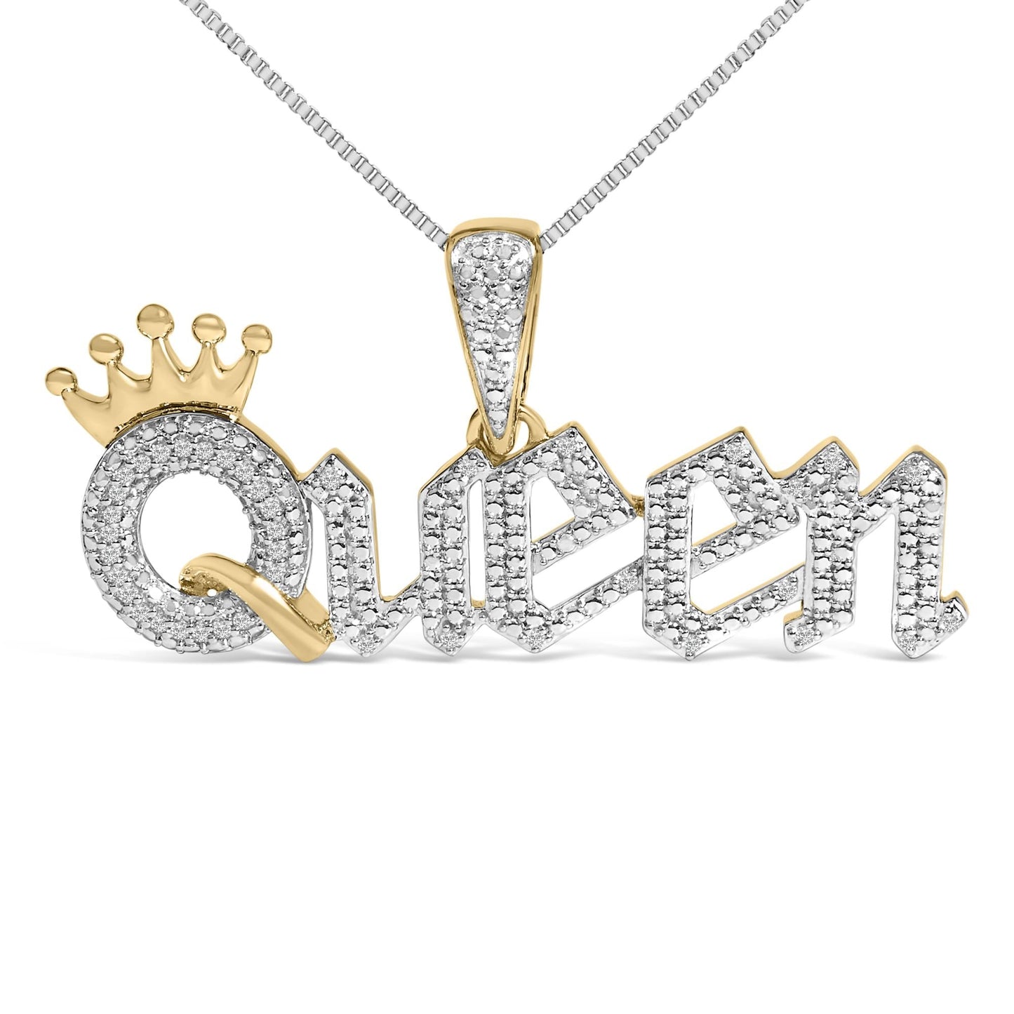 14K Yellow Gold Plated Sterling Silver 1/10 Cttw Diamond “Queen” Nameplate Pendant Necklace-1