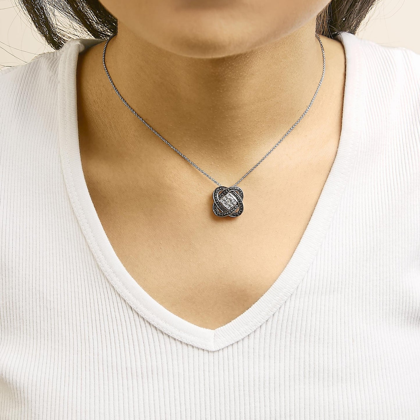 Black Rhodium Plated Sterling Silver Diamond Accent Geometric Knot Pendant Necklace-2