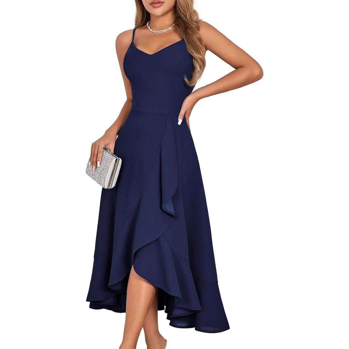 Dress Tells Womens Medium Navy Thin Strap Back Zip High Low Fit n Flare Dress