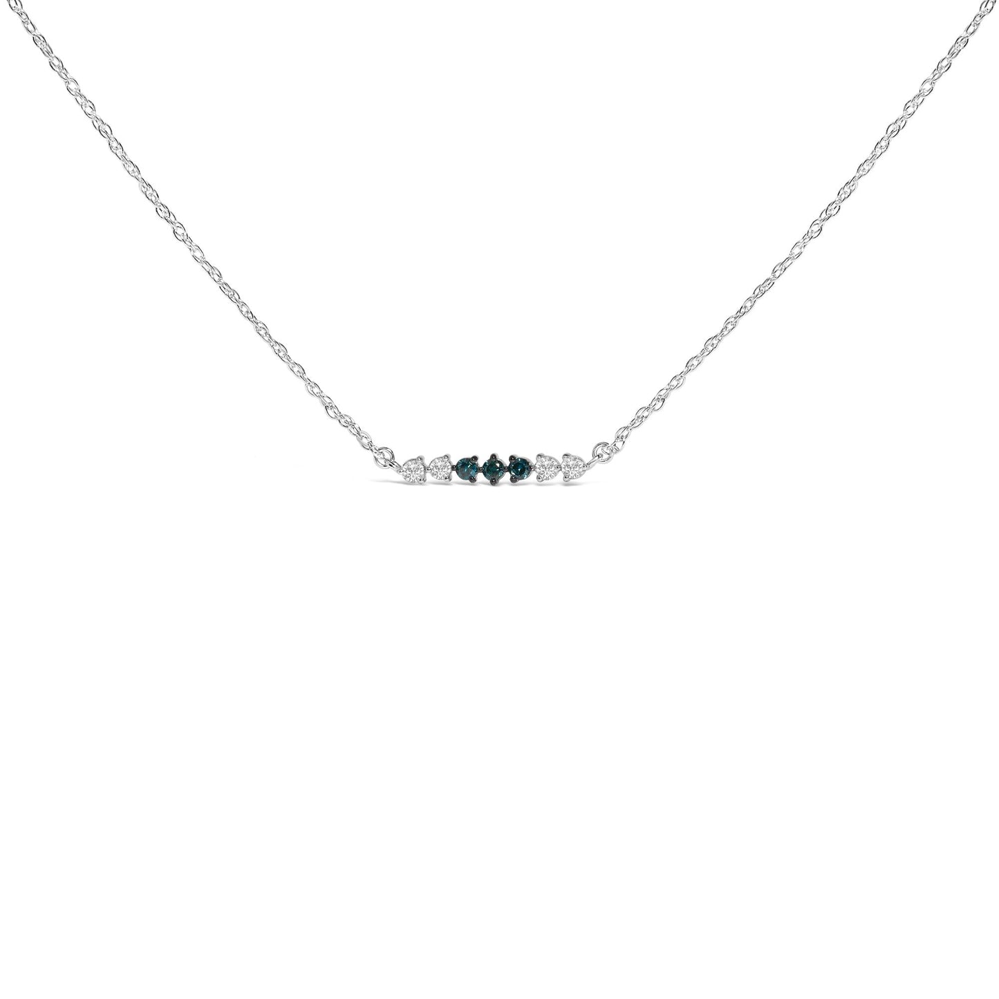 Sterling Silver 1/5 Cttw White and Blue Diamond 6 Stone Bar Necklace-0