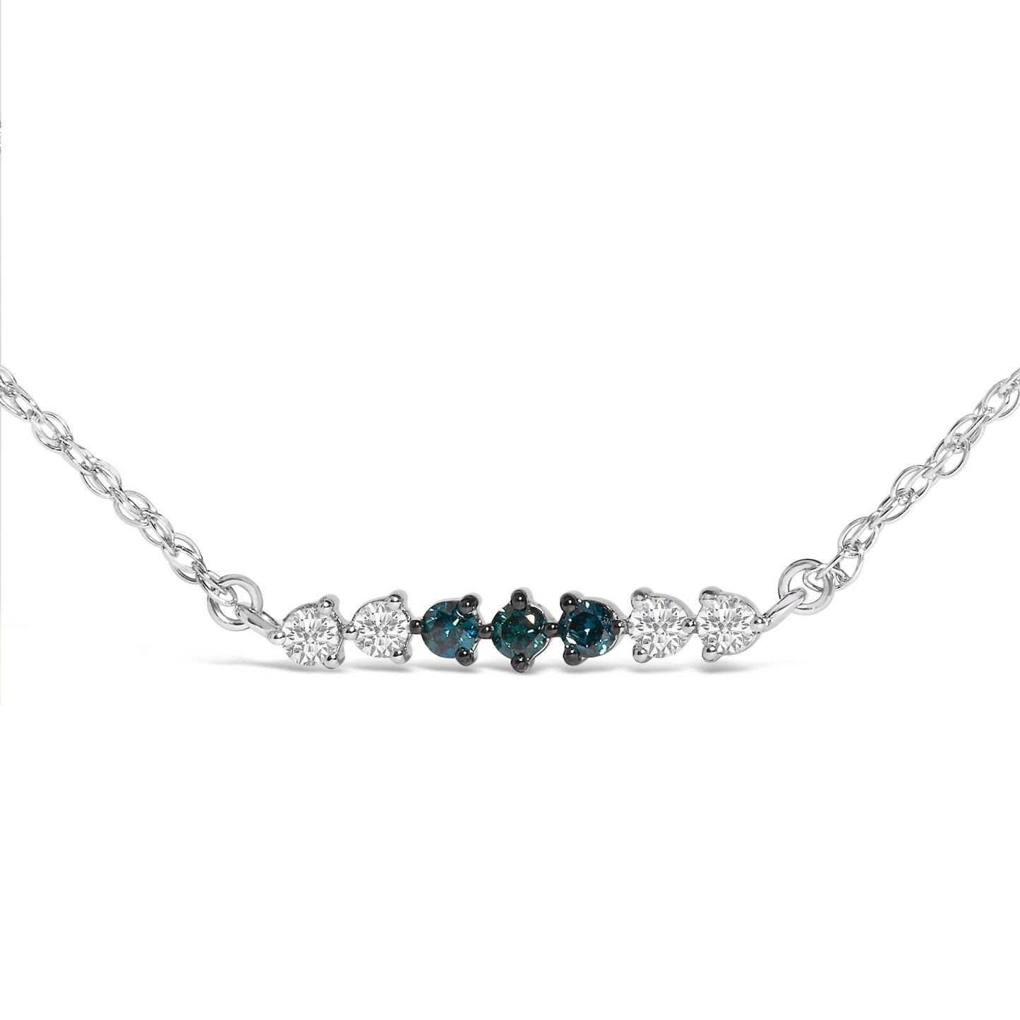 Sterling Silver 1/5 Cttw White and Blue Diamond 6 Stone Bar Necklace-1