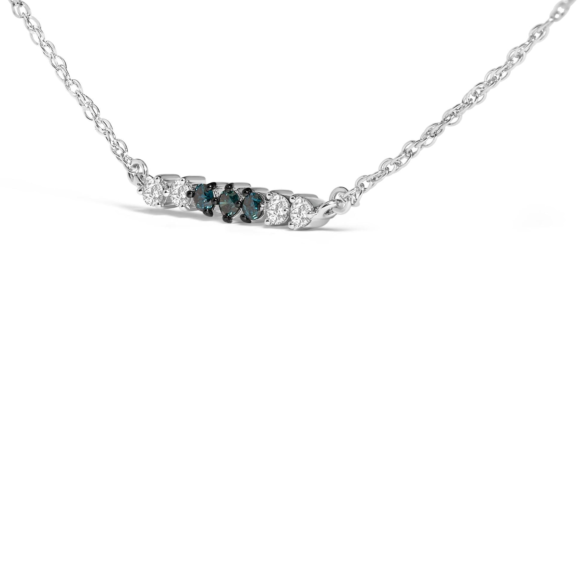 Sterling Silver 1/5 Cttw White and Blue Diamond 6 Stone Bar Necklace-3