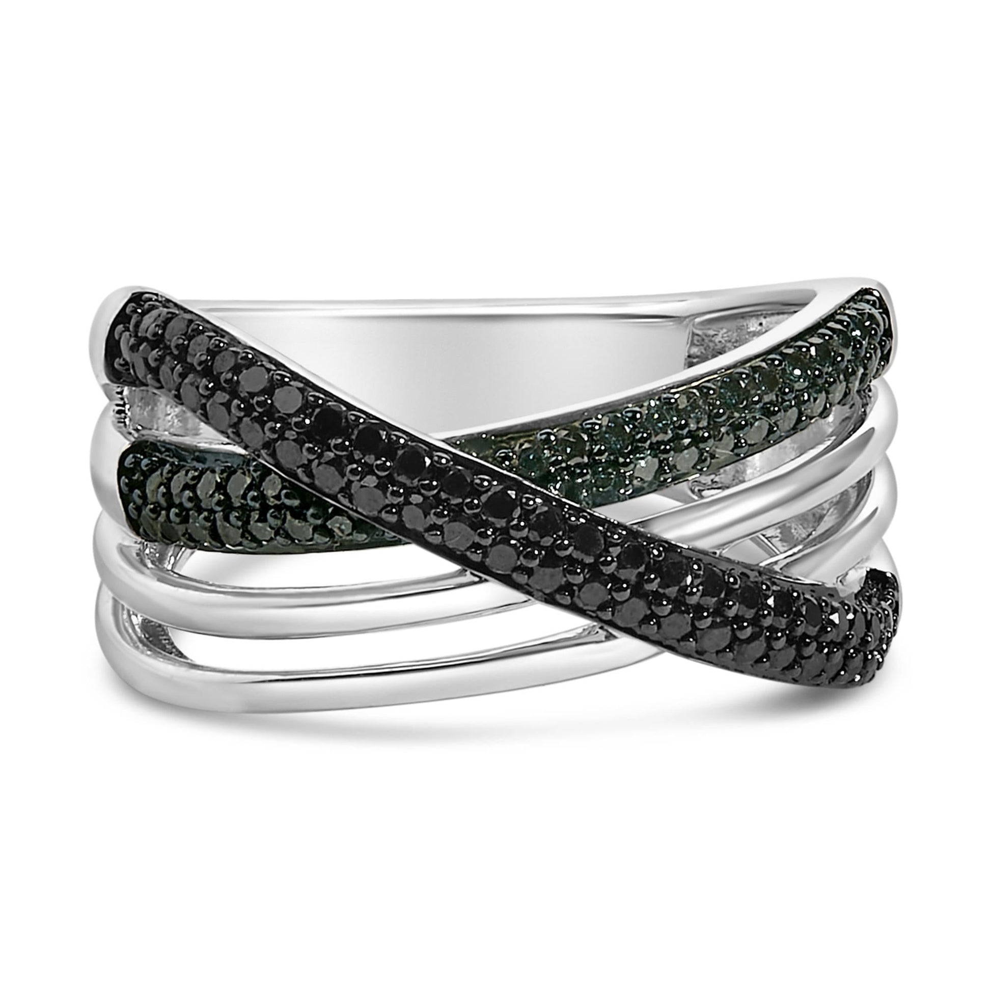 Sterling Silver 1/2 Cttw Black and Blue Diamond Crossover Bypass Ring-0