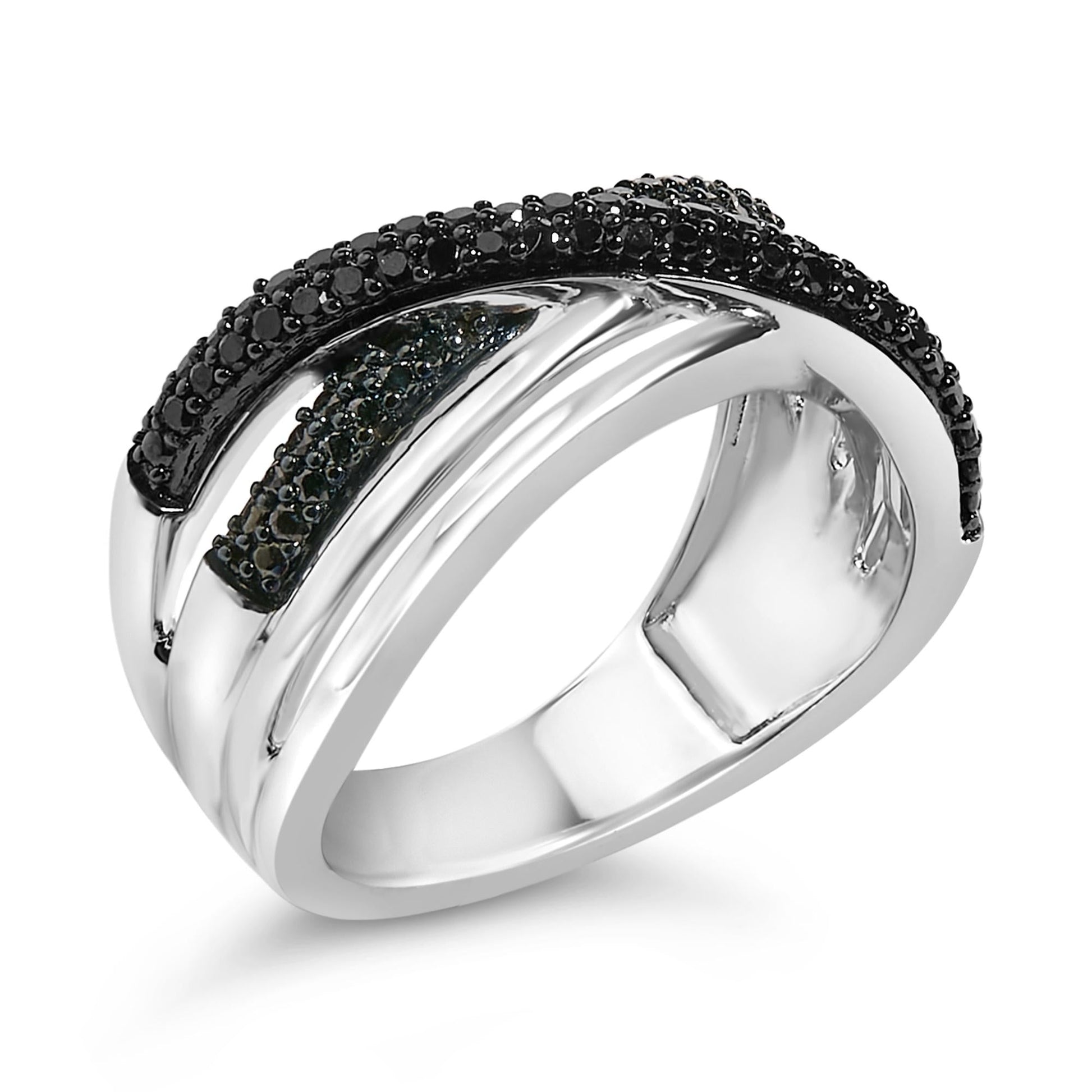 Sterling Silver 1/2 Cttw Black and Blue Diamond Crossover Bypass Ring-3