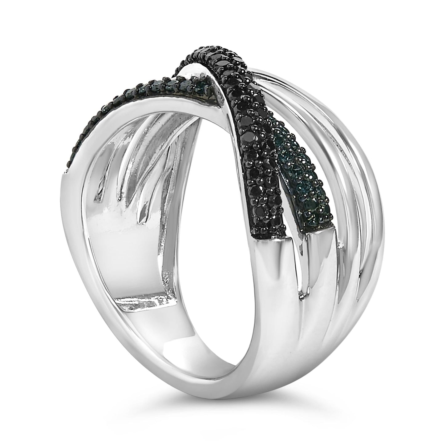 Sterling Silver 1/2 Cttw Black and Blue Diamond Crossover Bypass Ring-4