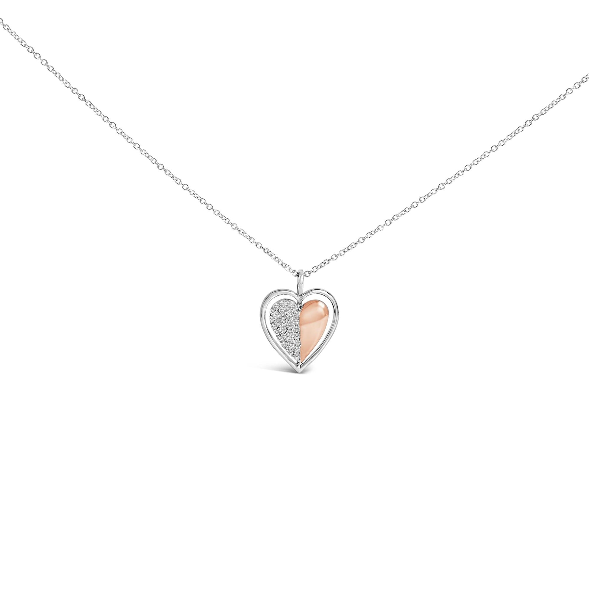 10K Rose Gold Plated Sterling Silver 1/5 Cttw Diamond Two-Tone Heart Pendant Necklace-0