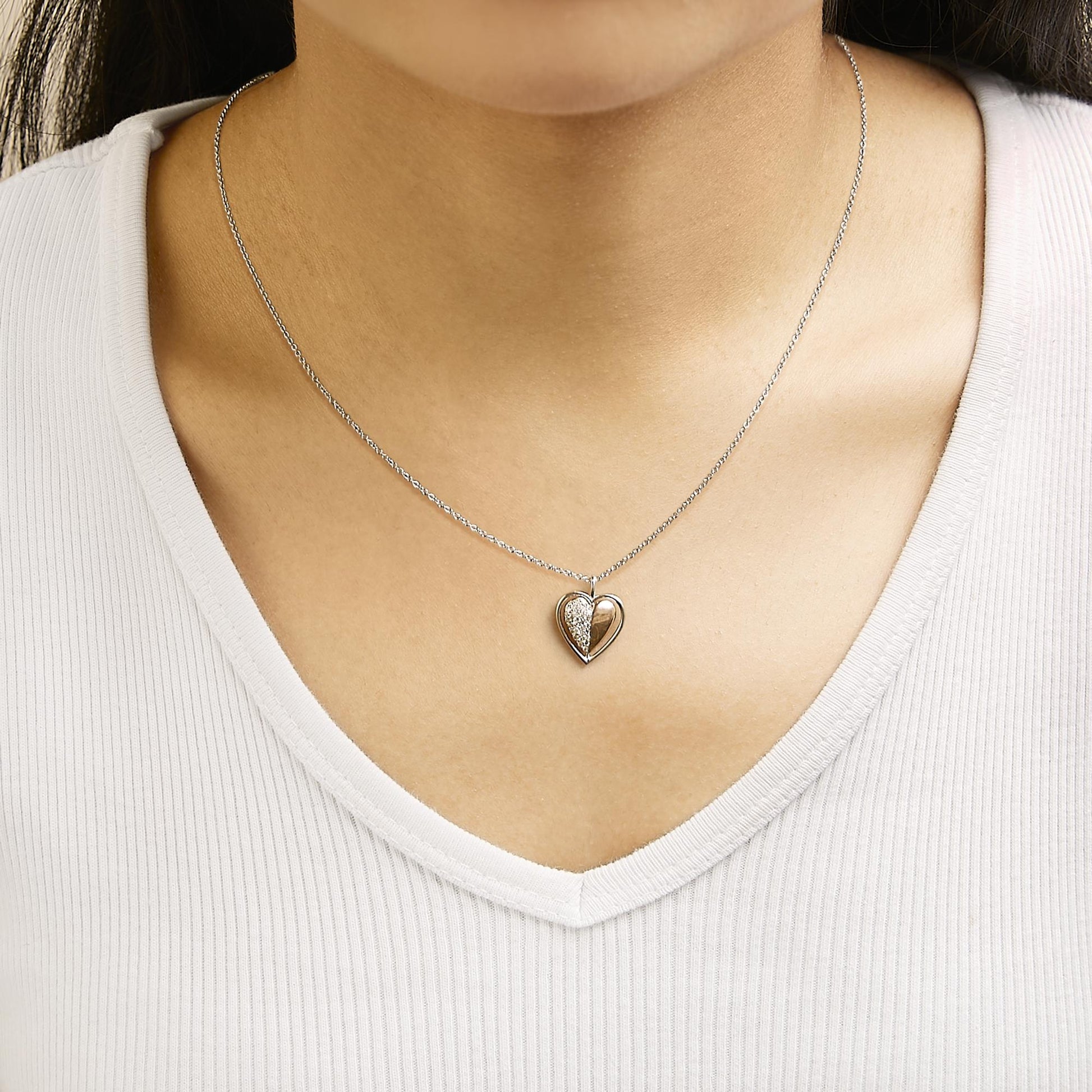 10K Rose Gold Plated Sterling Silver 1/5 Cttw Diamond Two-Tone Heart Pendant Necklace-2