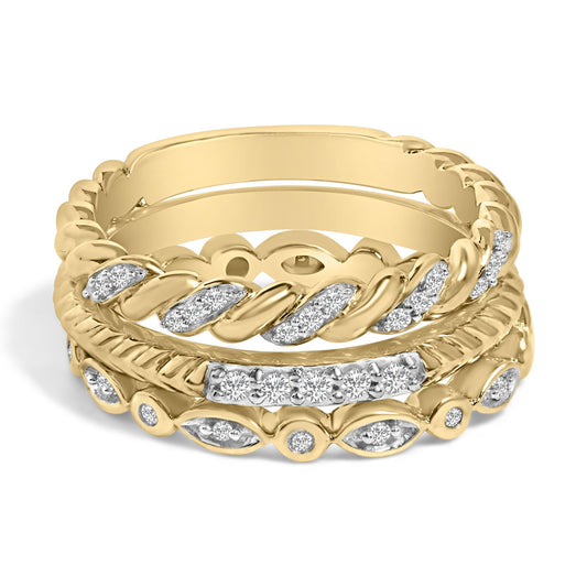14K Yellow Gold Plated Sterling Silver 1/4 Cttw Diamond Twist Leaf Stackable Ring Set-0