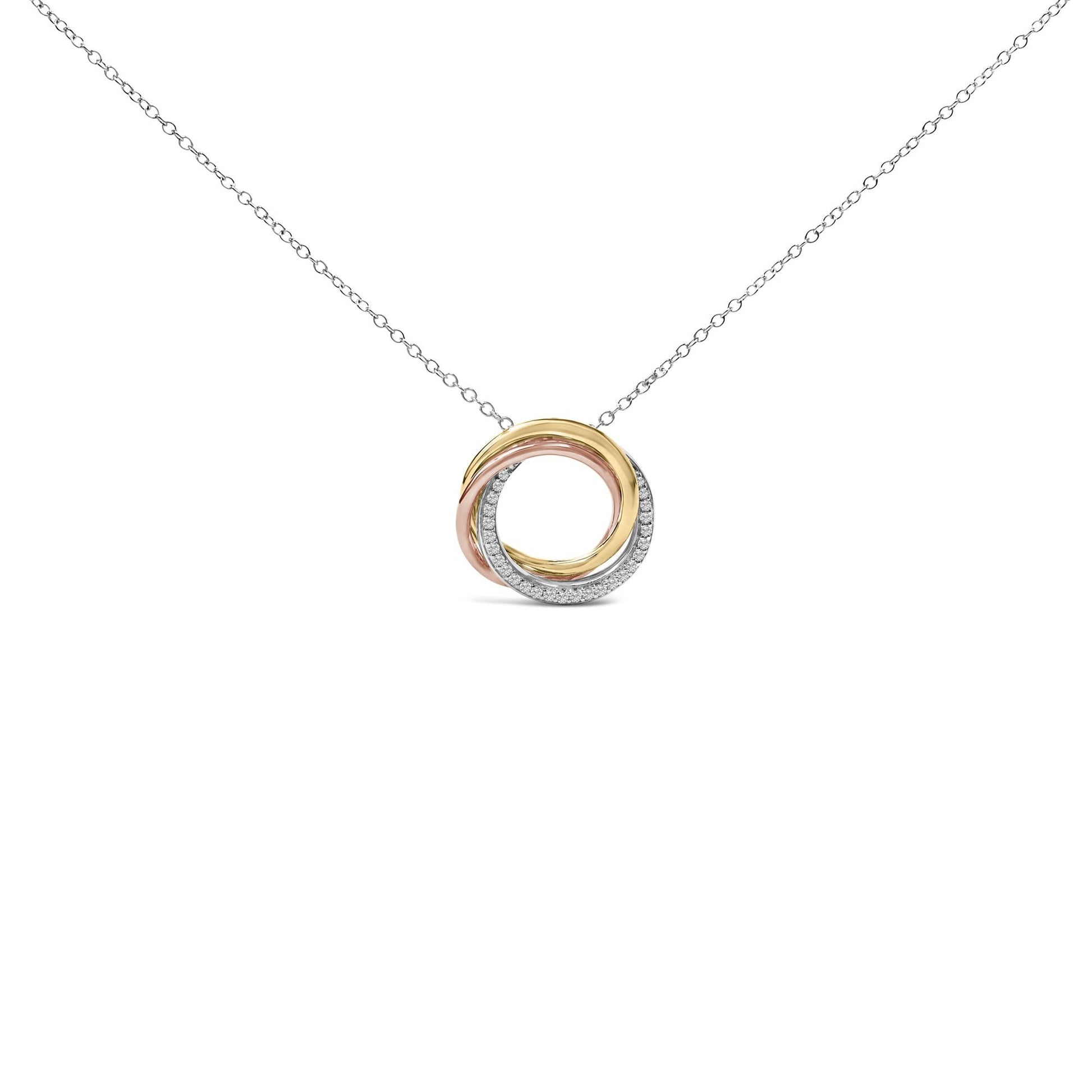 Tri Tone Sterling Silver 1/5 Cttw Diamond Interlocking Circle Pendant Necklace-0