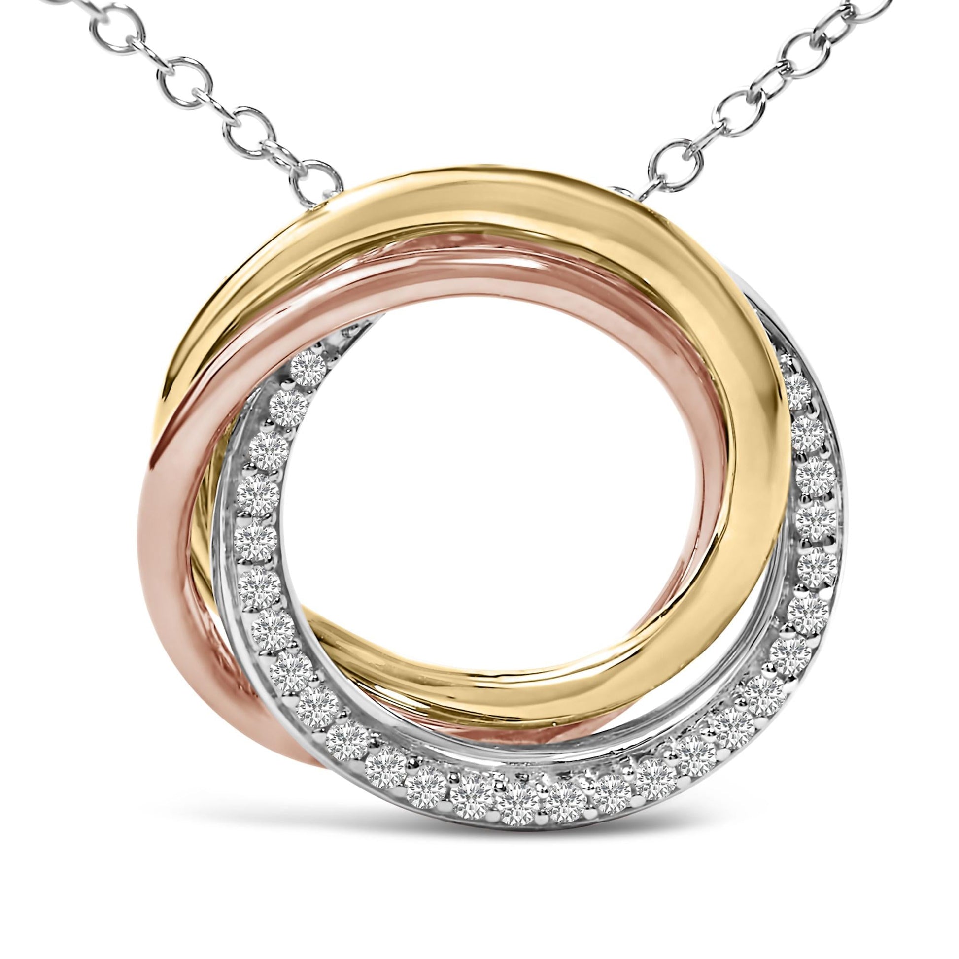 Tri Tone Sterling Silver 1/5 Cttw Diamond Interlocking Circle Pendant Necklace-1