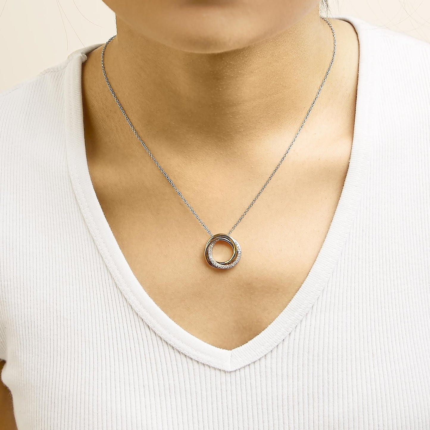 Tri Tone Sterling Silver 1/5 Cttw Diamond Interlocking Circle Pendant Necklace-2