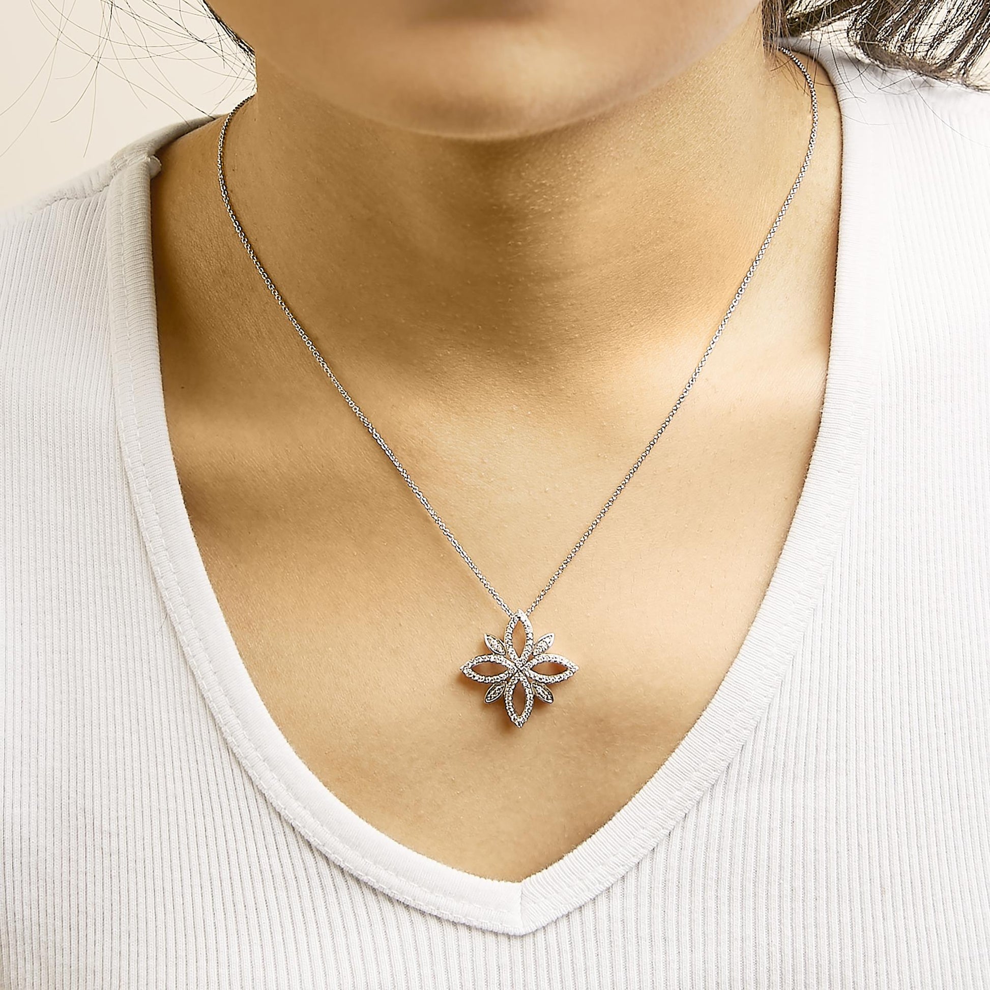 Sterling Silver 1/2 Cttw Diamond Floral Cross Pendant Necklace-2