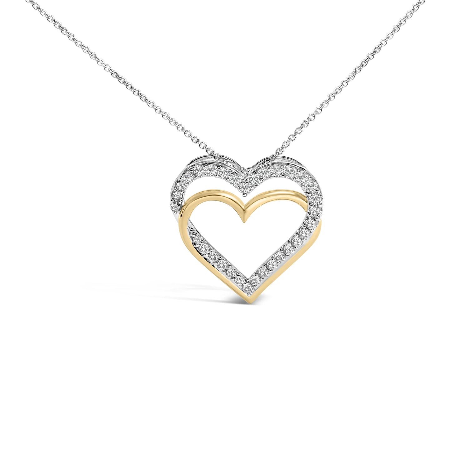 14K Yellow Gold Plated Sterling Silver 1.00 Cttw Diamond Double Heart Pendant Necklace-0