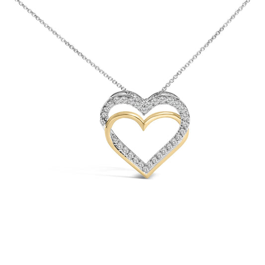 14K Yellow Gold Plated Sterling Silver 1.00 Cttw Diamond Double Heart Pendant Necklace-0