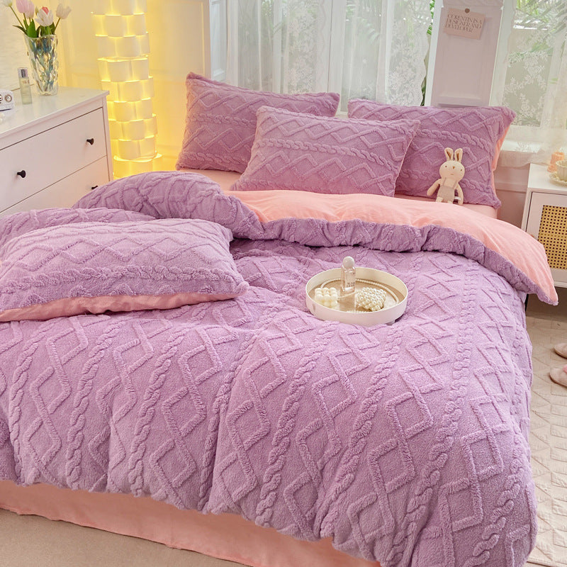 Winter Flannel 4-Piece Bedding Set, Thick Warm Milk Velvet Coral Fleece Duvet Cover, Student Dormitory 3-Piece Set for Wholesale