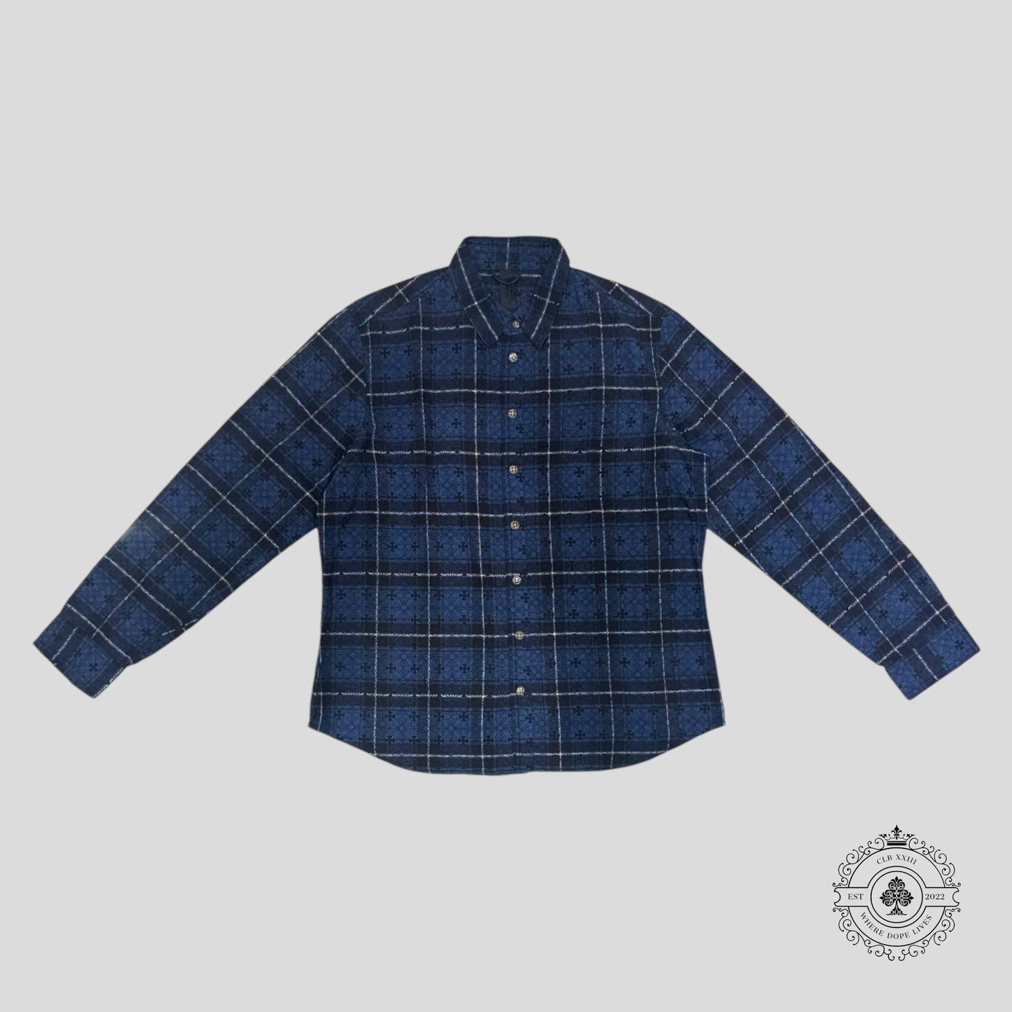 Chrome Hearts Loose Ends Cross Patch Flannel Shirt in Blue