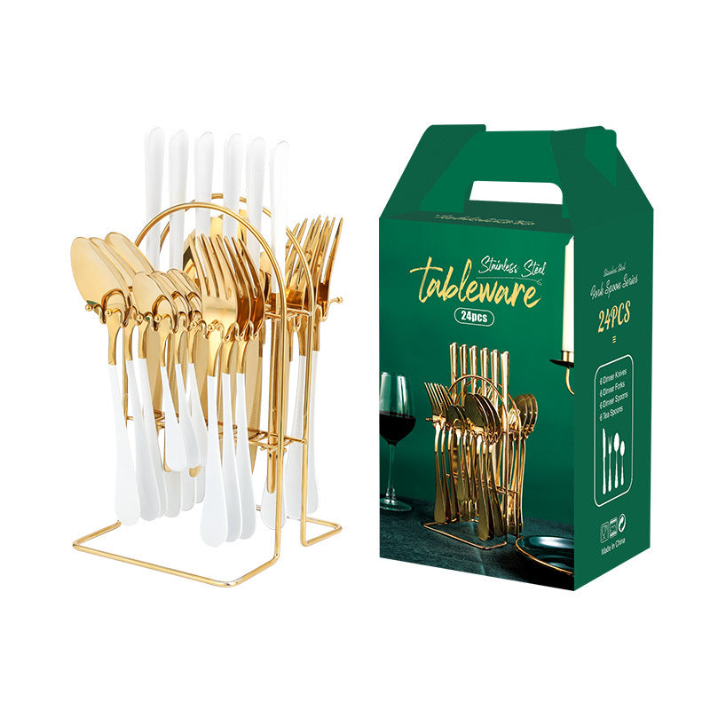 Stainless steel tableware 24 pieces set Western steak knife fork spoon restaurant hotel with storage rack gift box