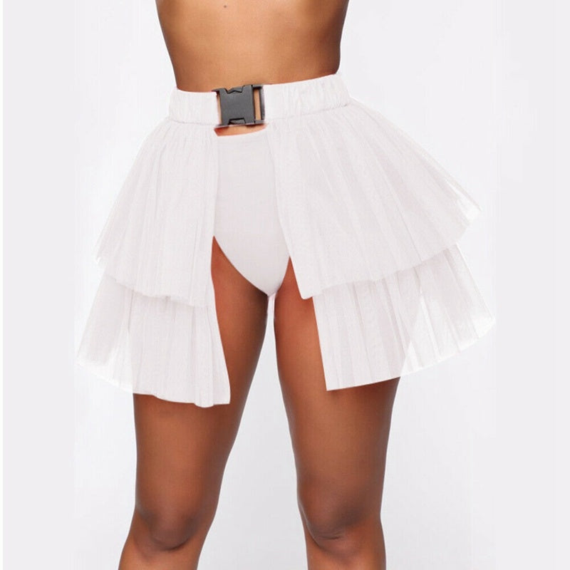 Mesh Stitching See-through Skirt Puffy Casual Umbrella Skirt