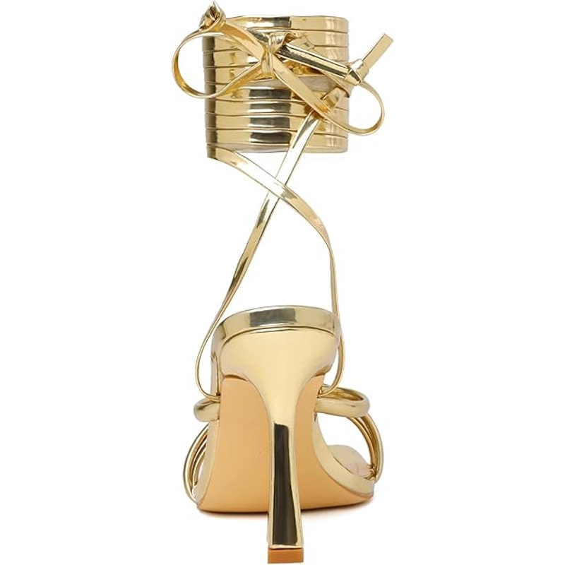 Mostrin Womens 9.5 Shiny Gold Strappy Open Toe 4" Heel Leg Wrap Sandal Shoes
